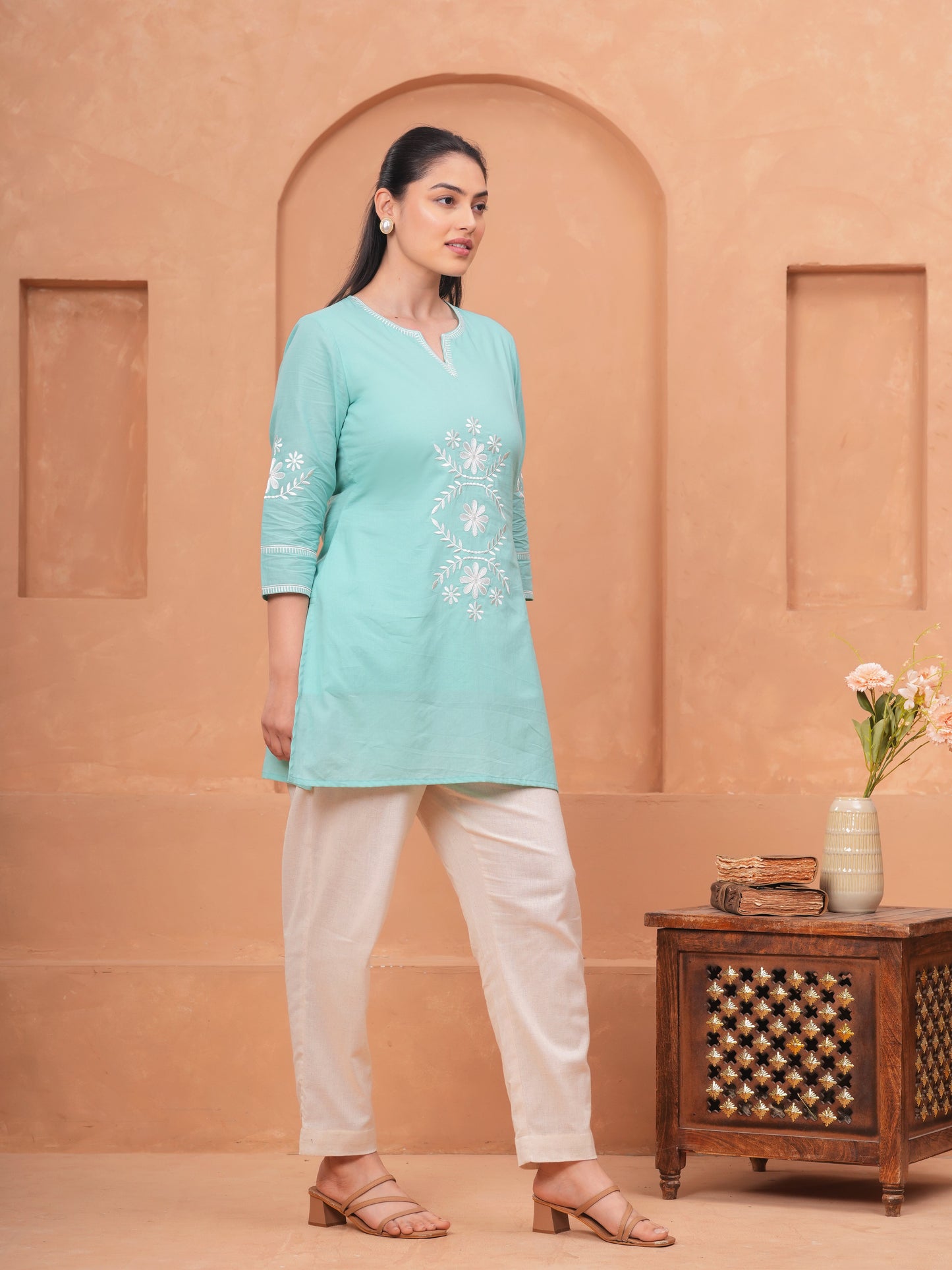 Embroidered Soft Cotton Solid Straight Sky Blue Kurta