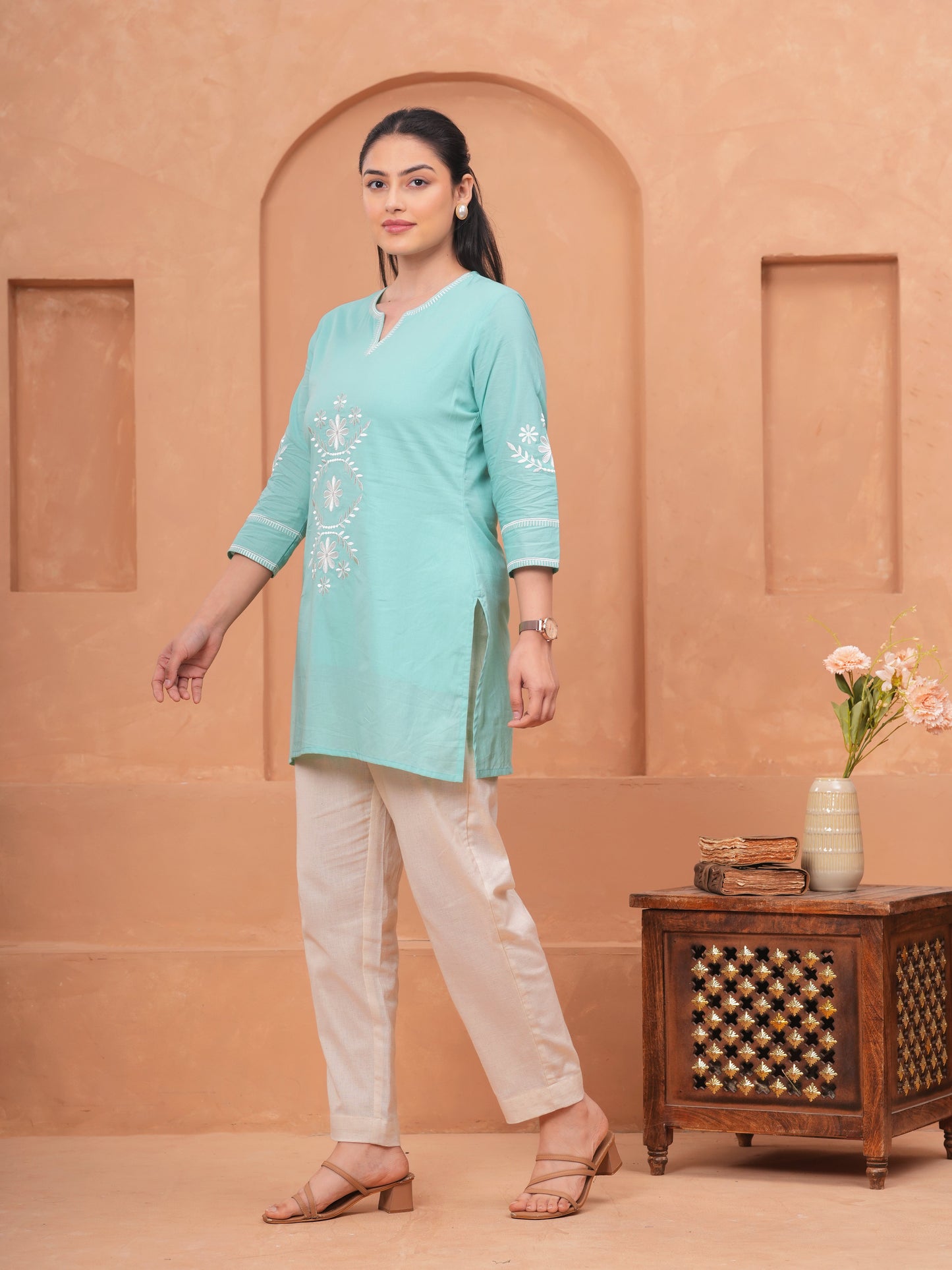 Embroidered Soft Cotton Solid Straight Sky Blue Kurta