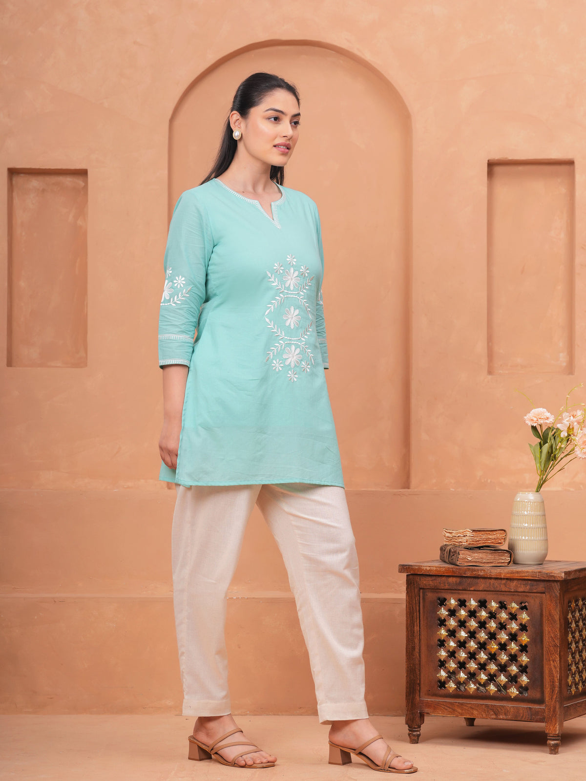 Embroidered Soft Cotton Solid Straight Sky Blue Kurti