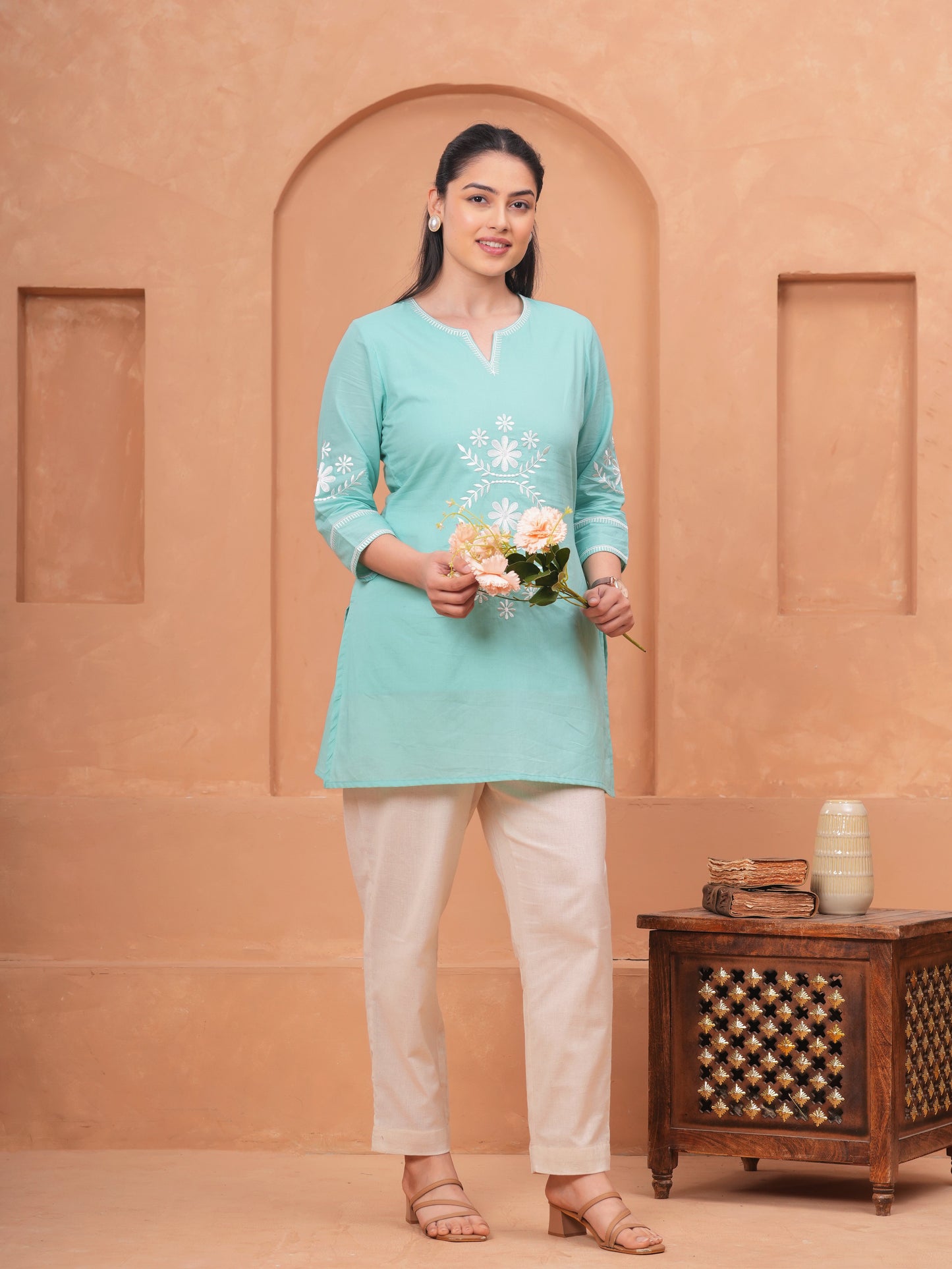 Embroidered Soft Cotton Solid Straight Sky Blue Kurta