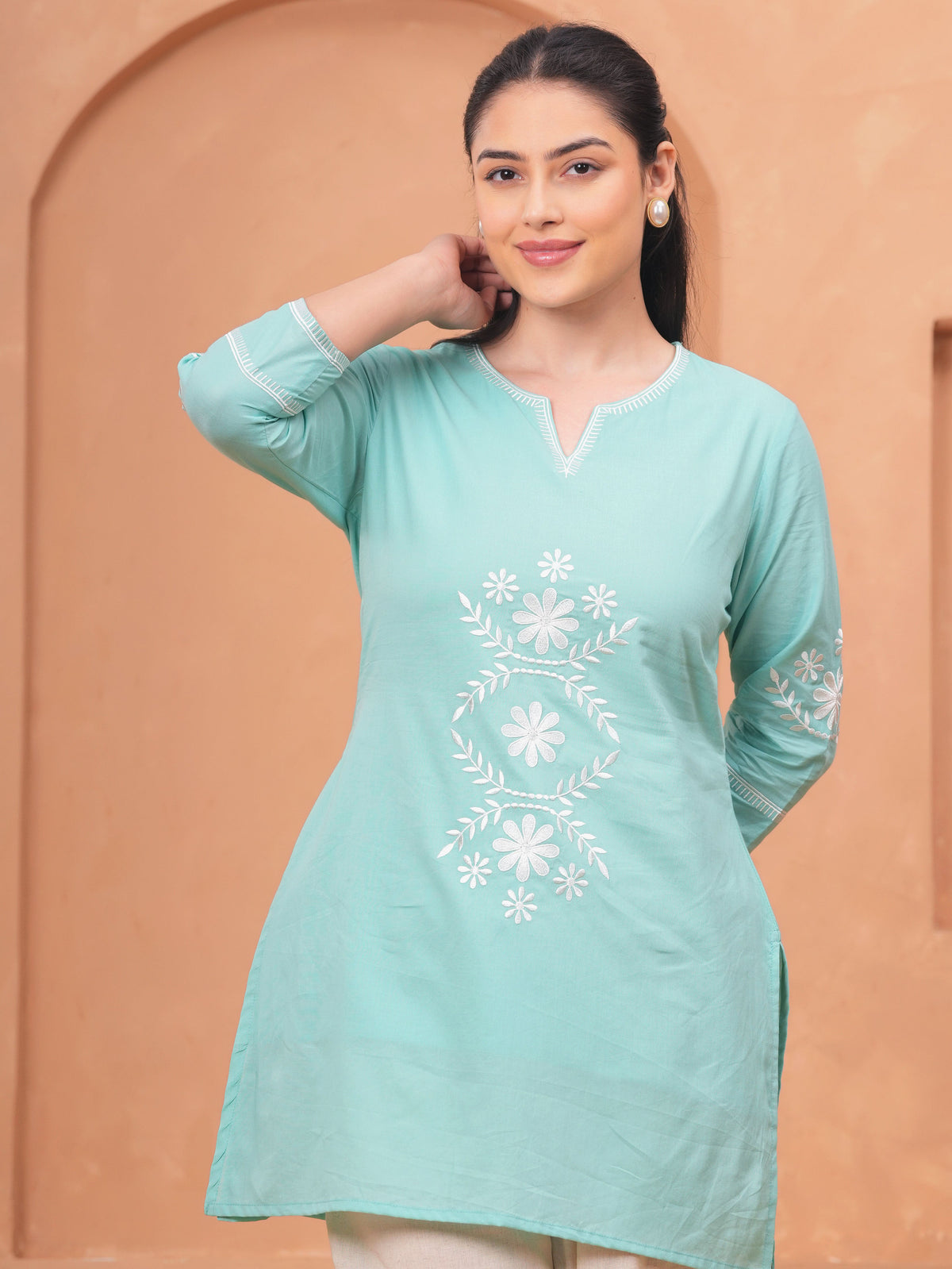 Embroidered Soft Cotton Solid Straight Sky Blue Kurti