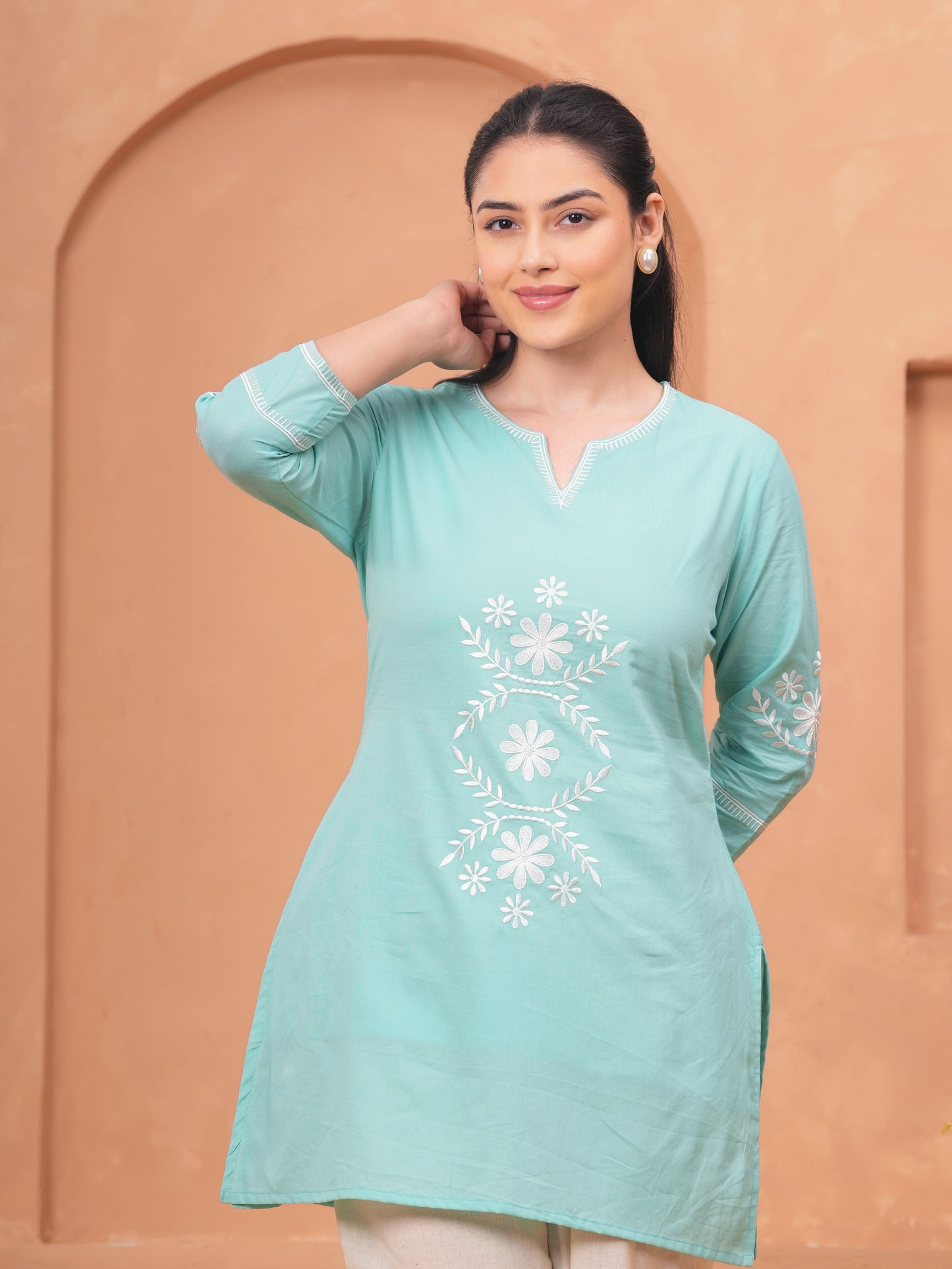 Embroidered Soft Cotton Solid Straight Sky Blue Kurta