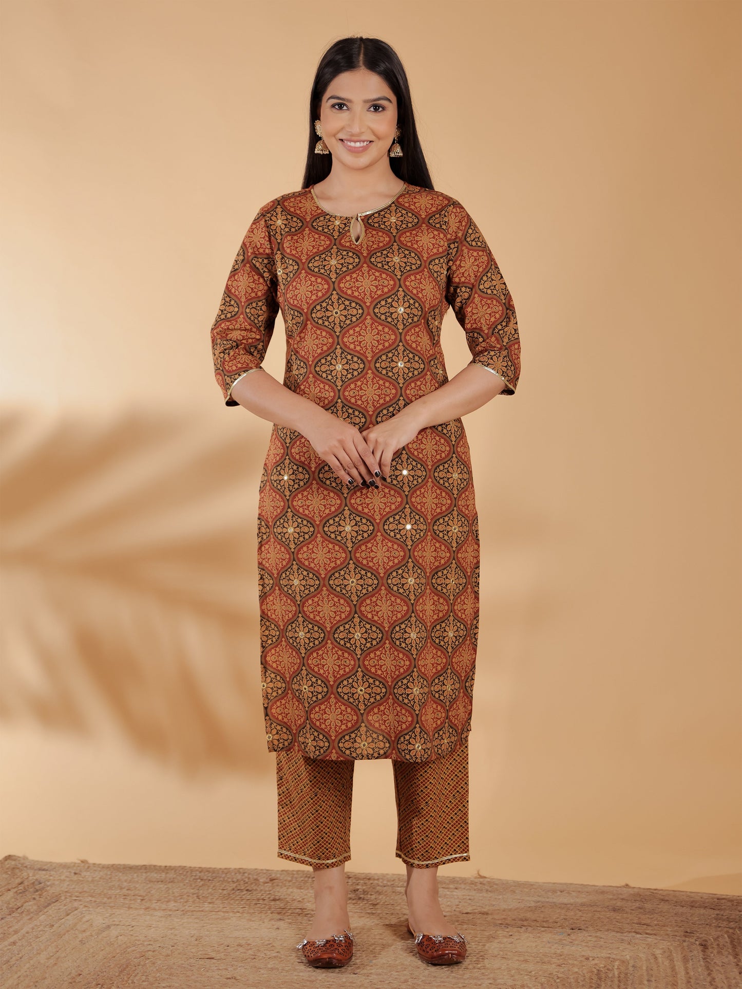 Soft Cotton Geometric Straight Brown Kurta