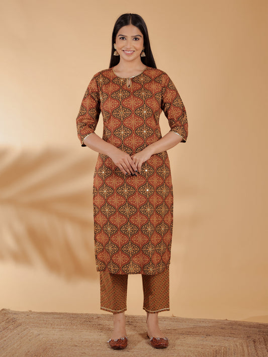 Soft Cotton Geometric Straight Brown Kurta