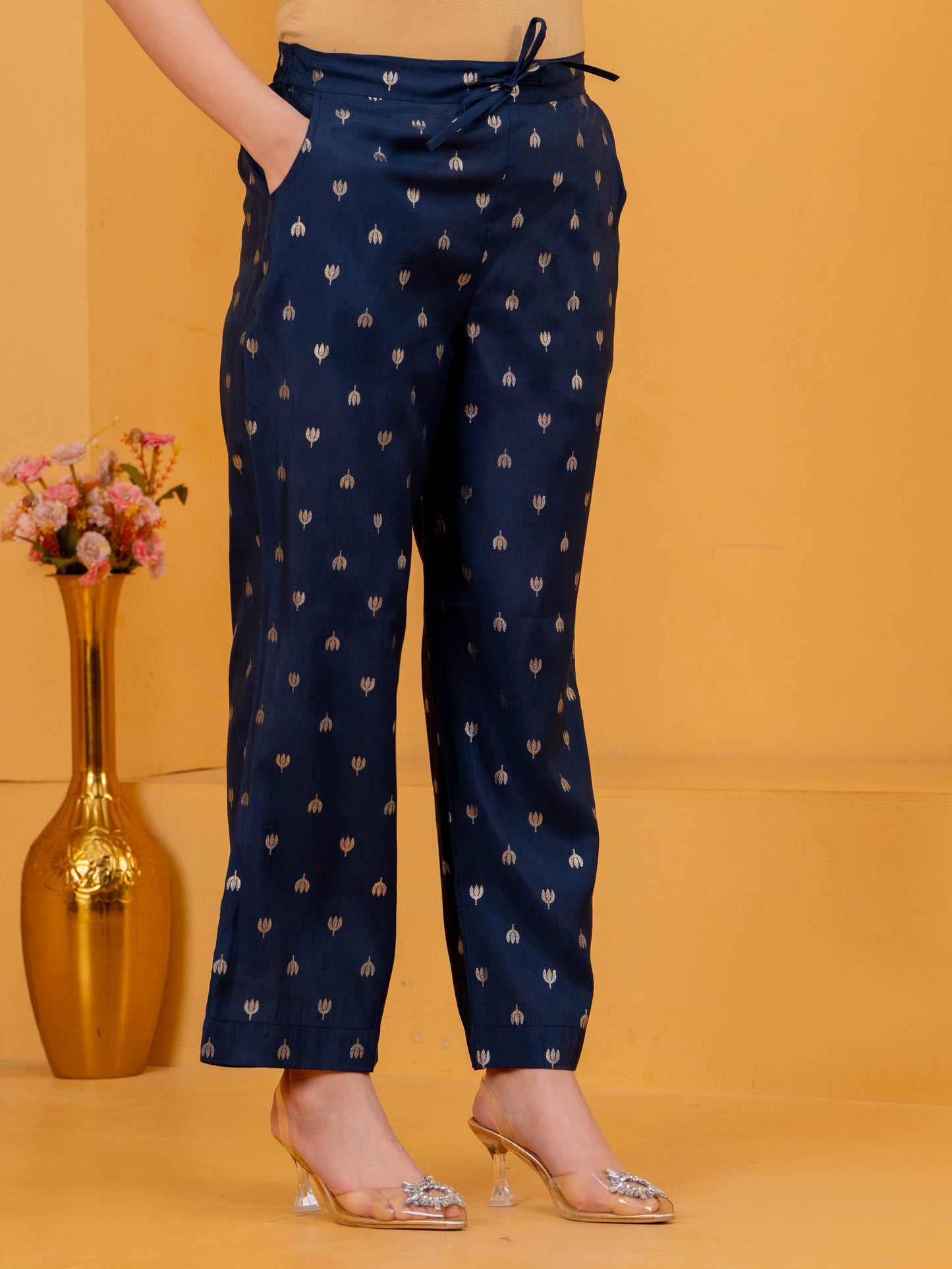 Chanderi Gold foil Blue Trousers