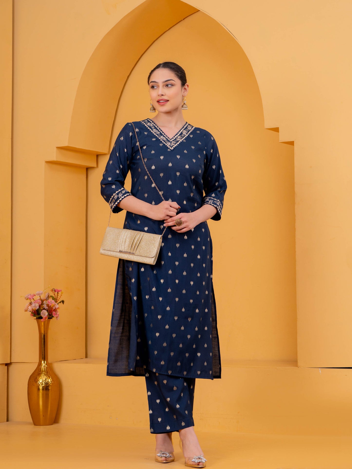 Embroidered Chanderi Gold foil Straight Blue Kurta