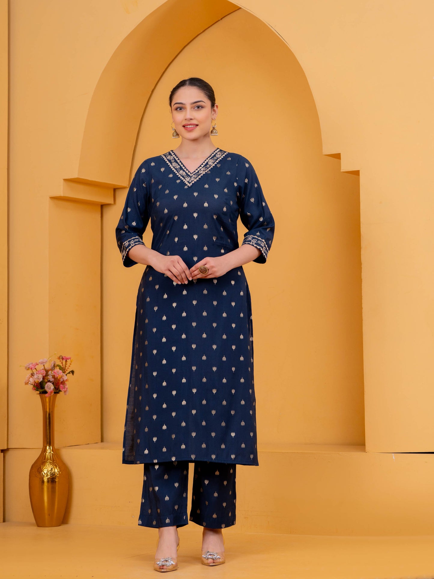 Embroidered Chanderi Gold foil Straight Blue Kurta