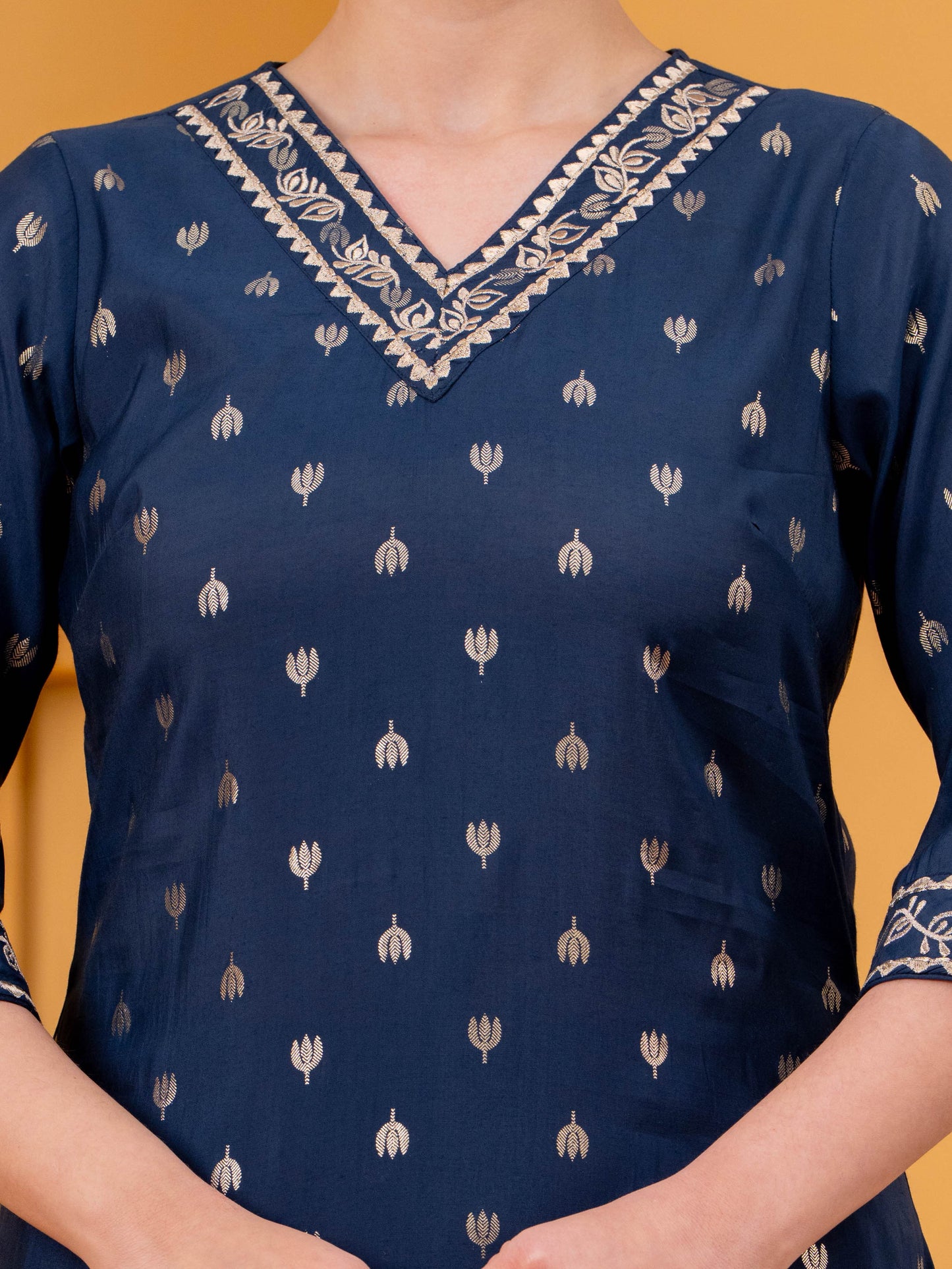 Embroidered Chanderi Gold foil Straight Blue Kurta