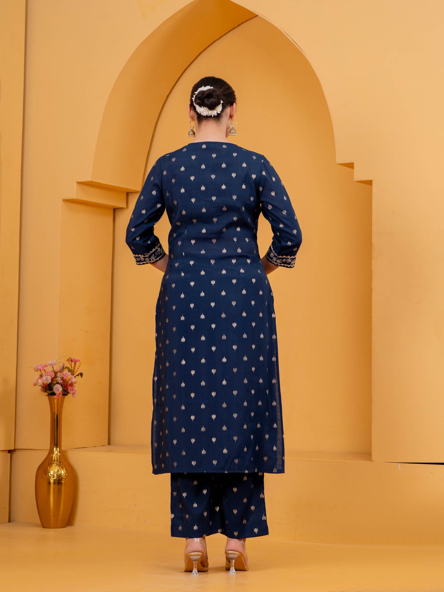 Embroidered Chanderi Gold foil Straight Blue Kurta