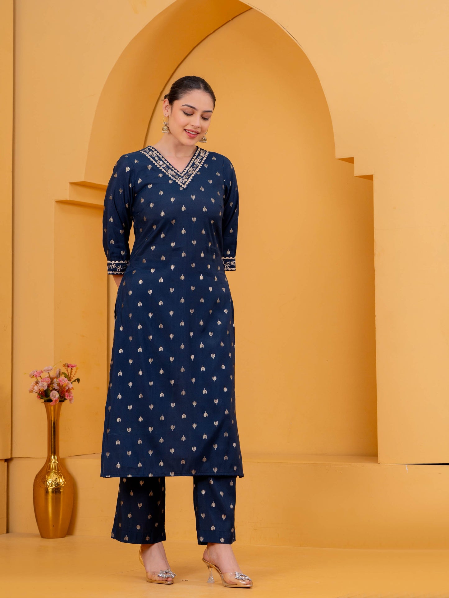 Embroidered Chanderi Gold foil Straight Blue Kurta