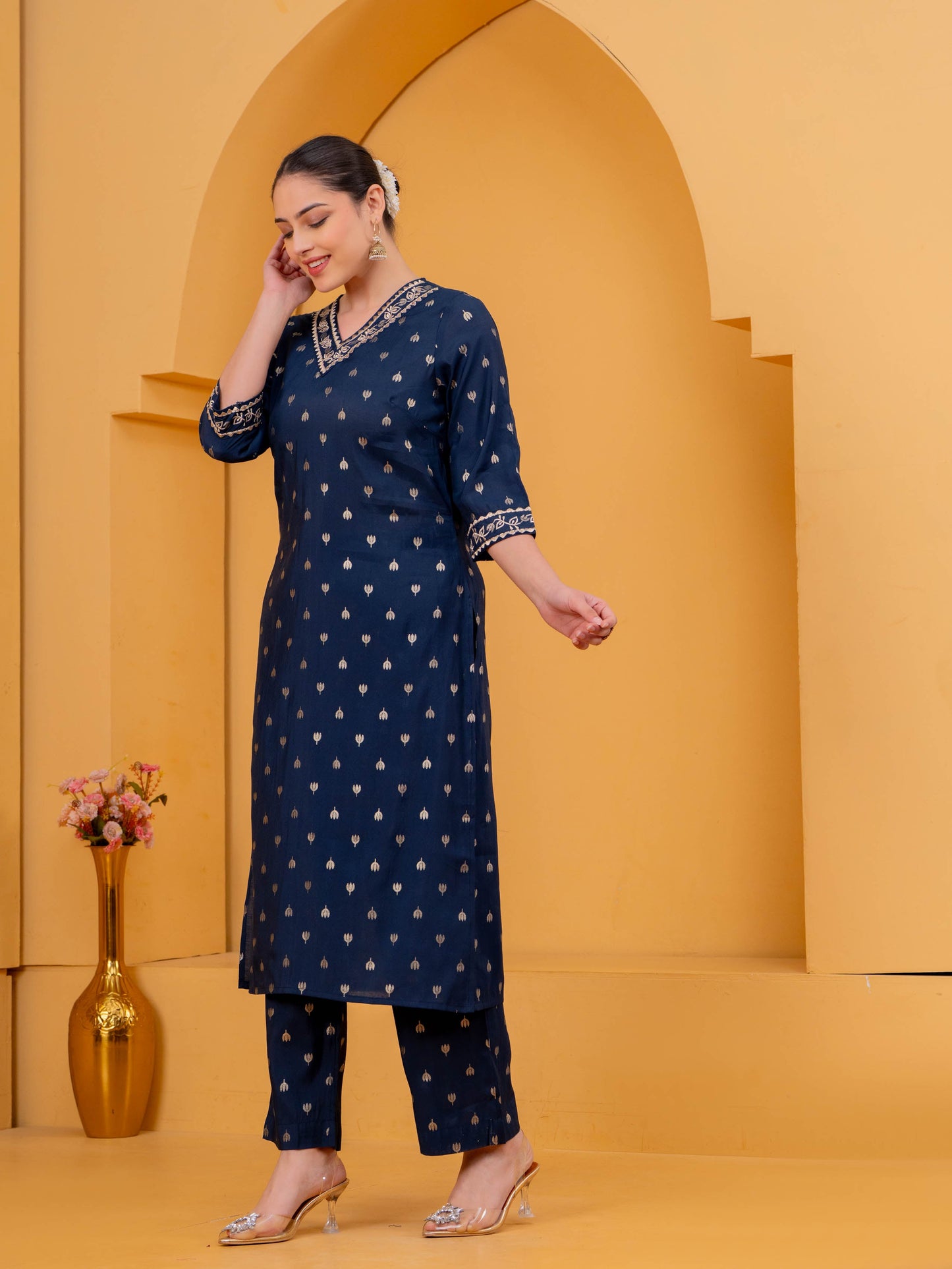 Embroidered Chanderi Gold foil Straight Blue Kurta
