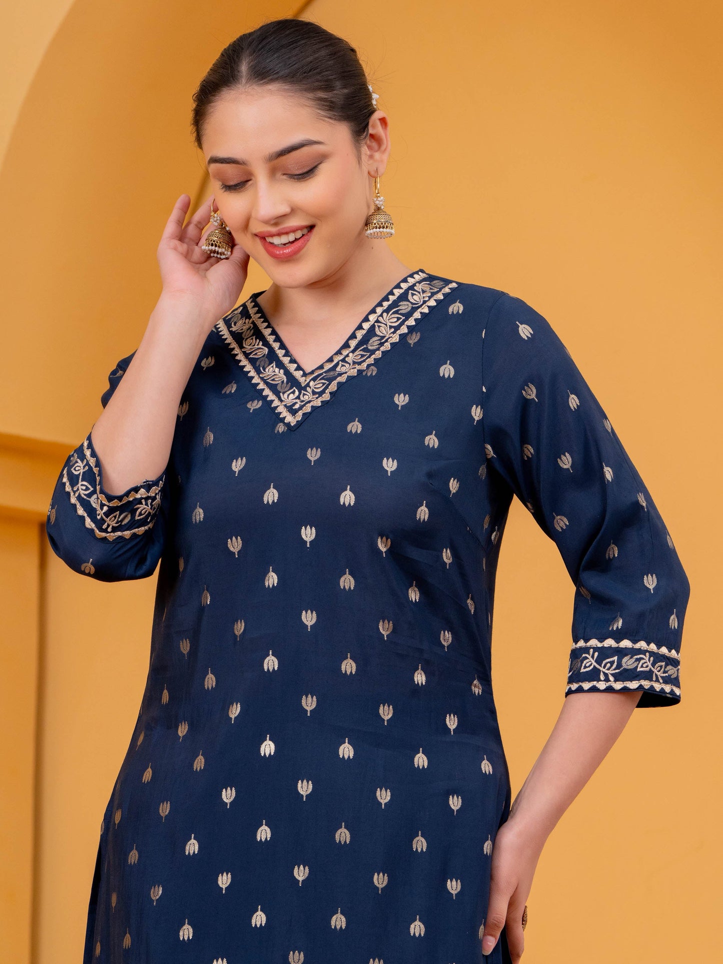 Embroidered Chanderi Gold foil Straight Blue Kurta