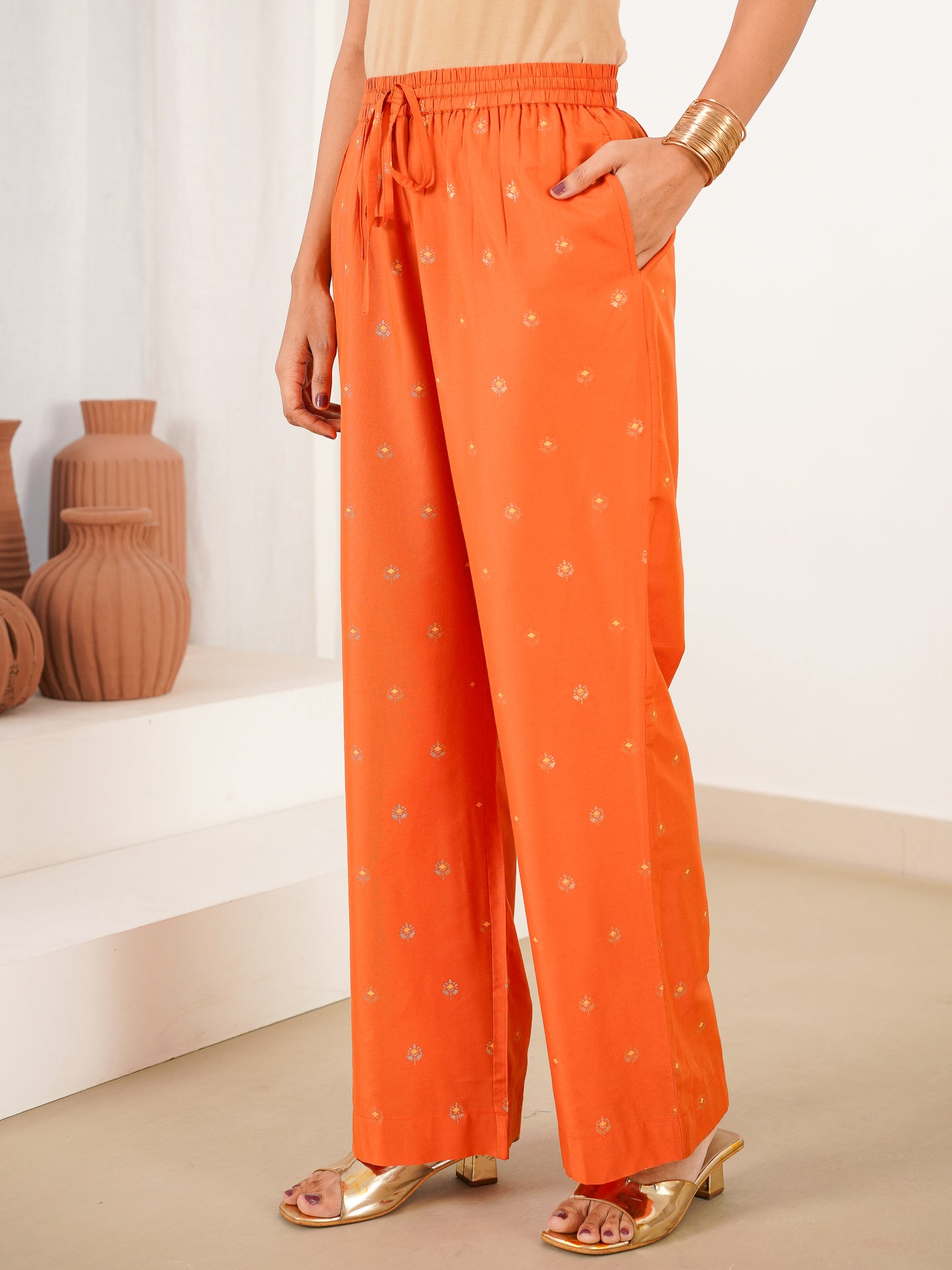 Embroidered Blended Silk Butti Straight Orange Kurta