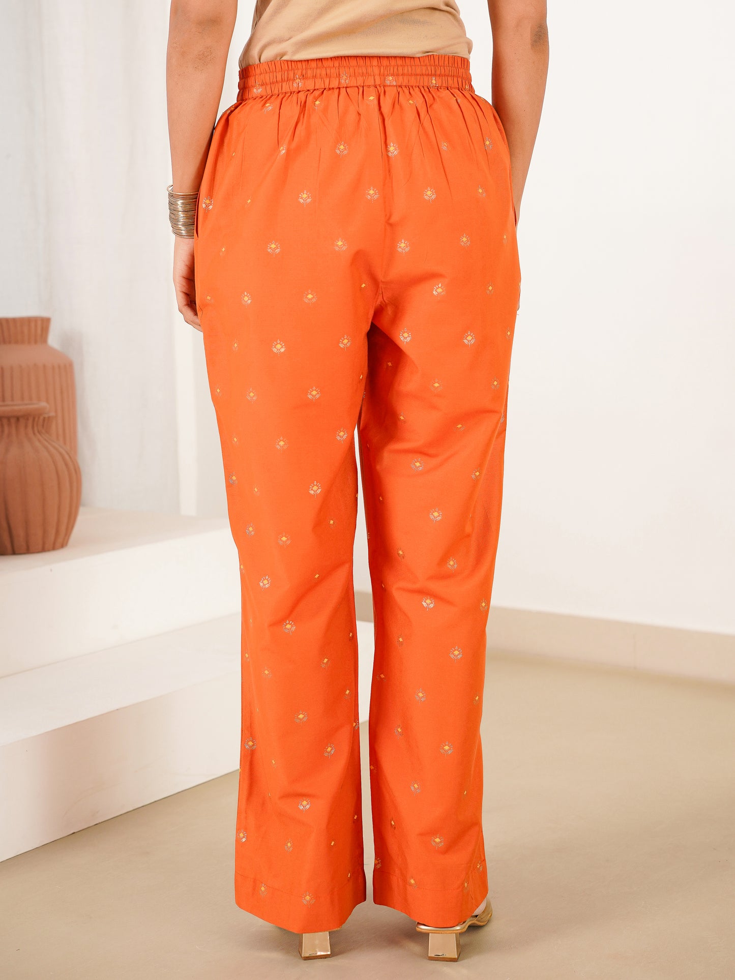 Embroidered Blended Silk Butti Straight Orange Kurta