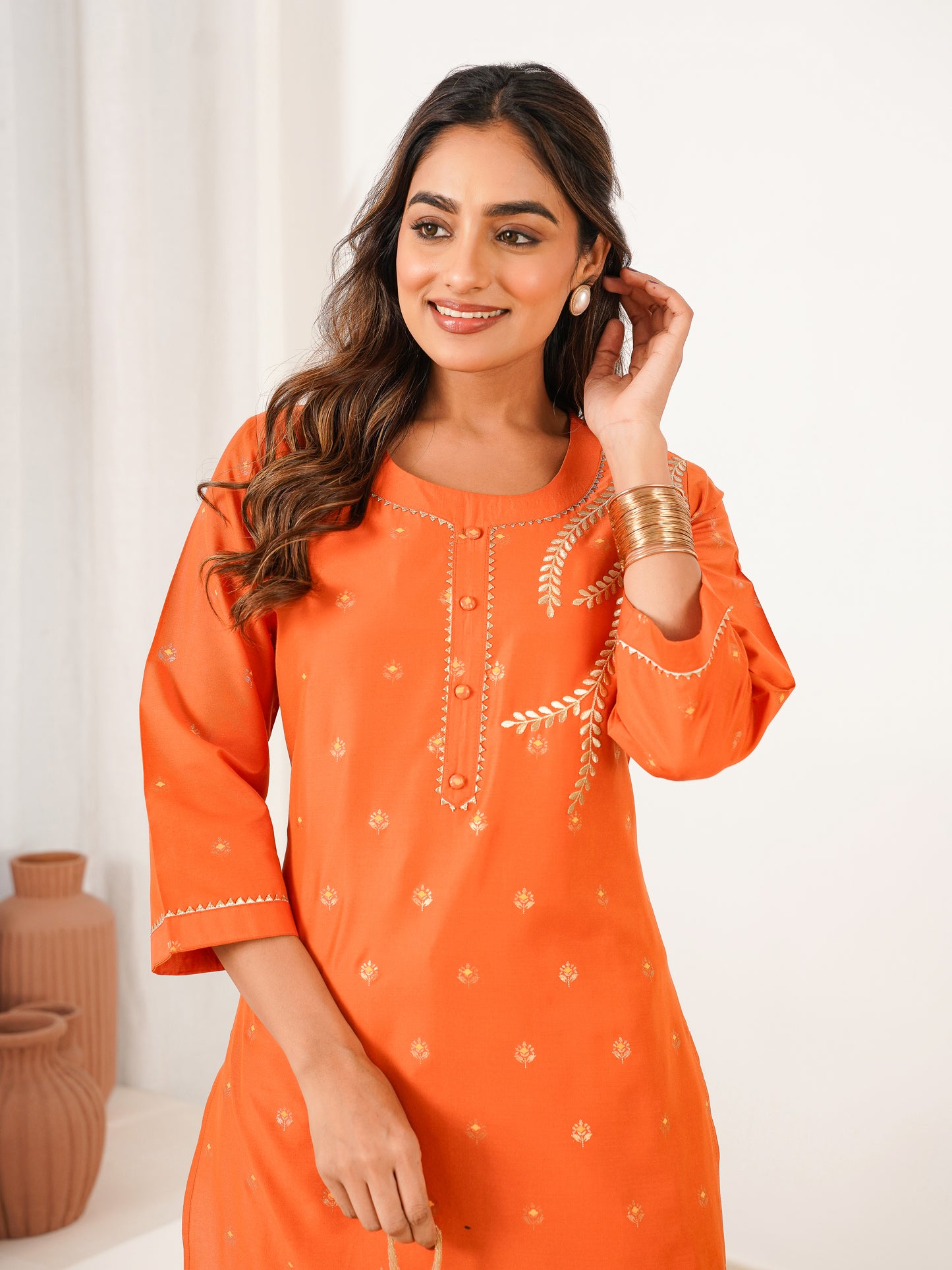 Embroidered Blended Silk Butti Straight Orange Kurta