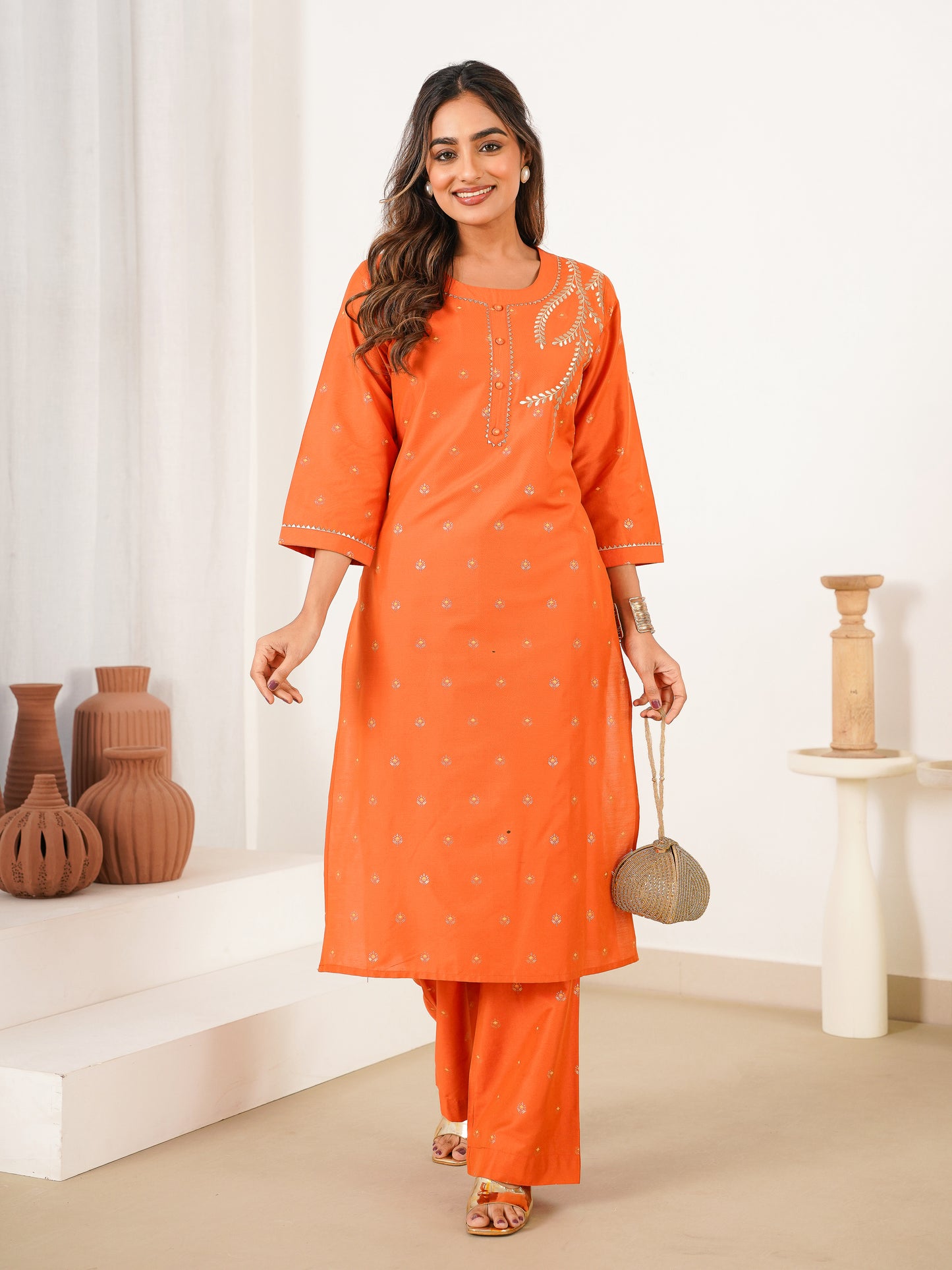 Embroidered Blended Silk Butti Straight Orange Kurta