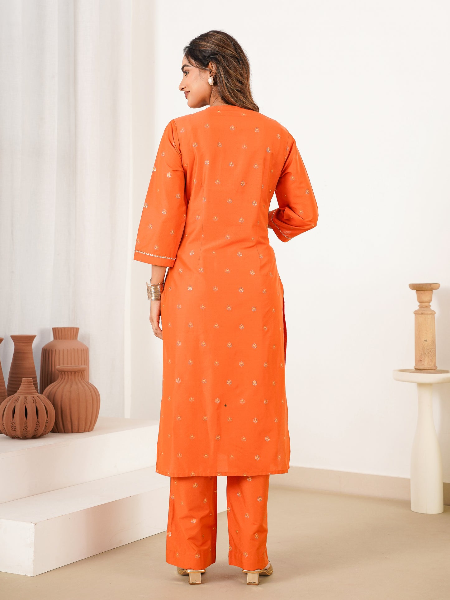 Embroidered Blended Silk Butti Straight Orange Kurta