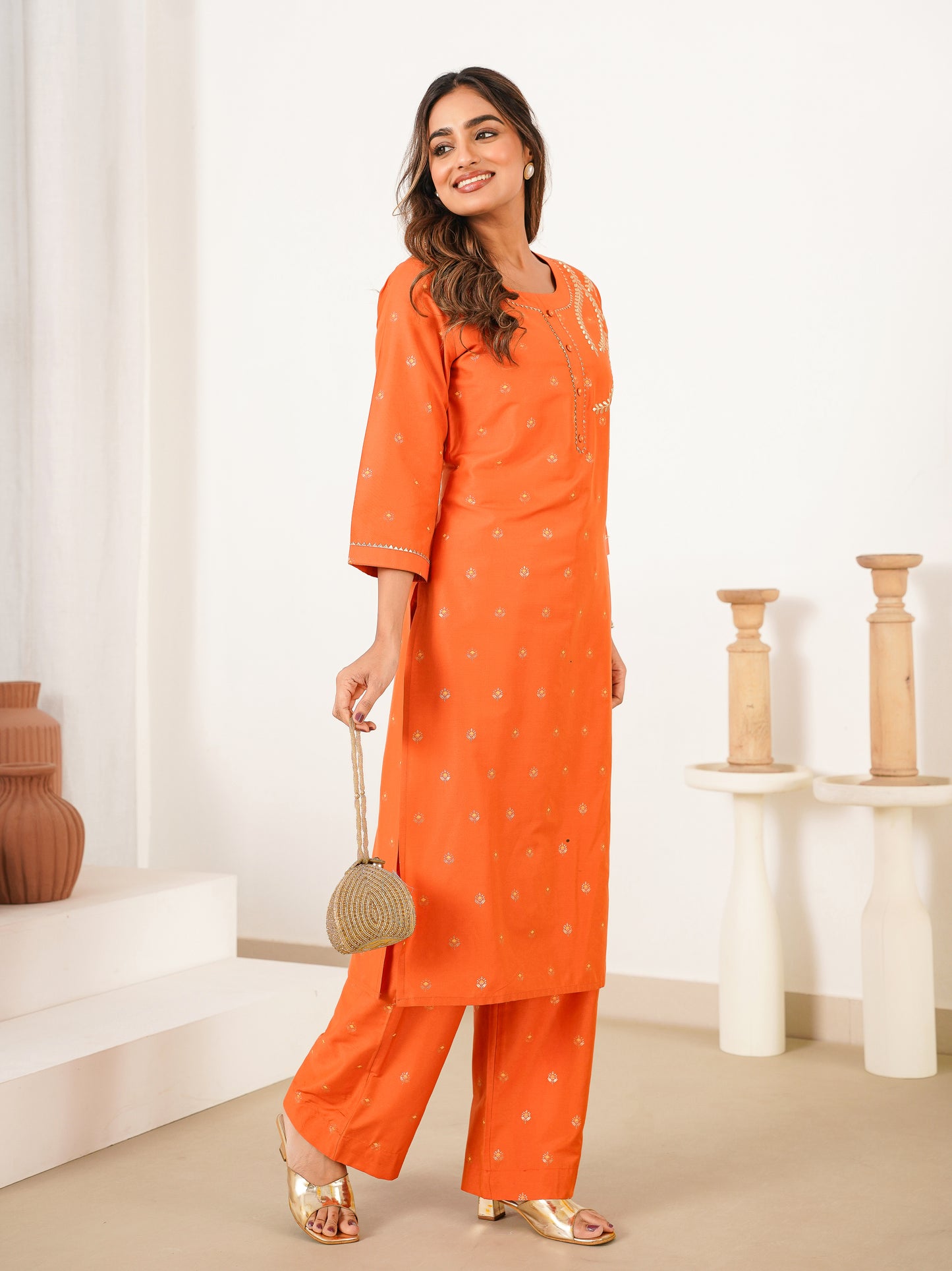 Embroidered Blended Silk Butti Straight Orange Kurta