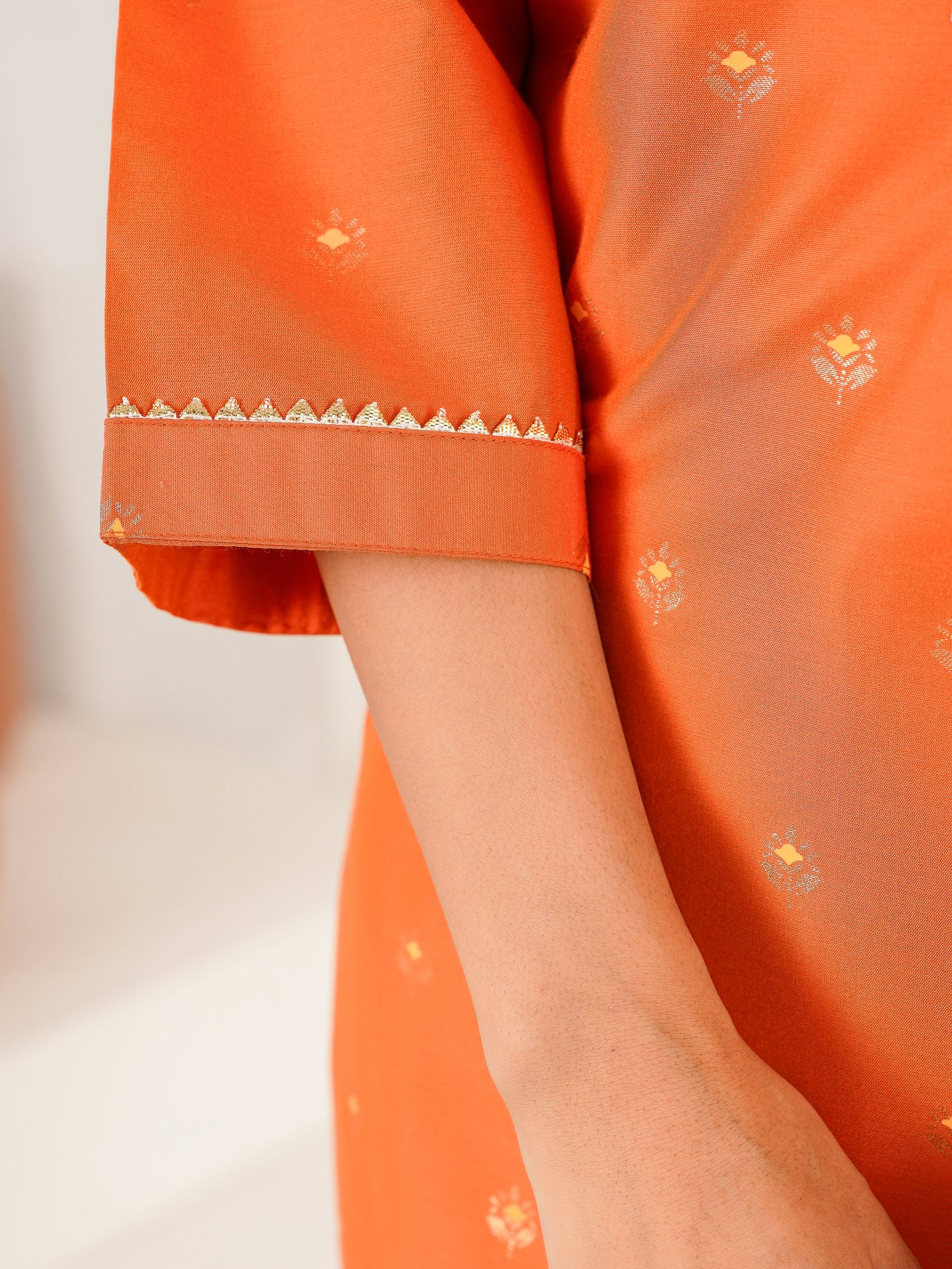 Embroidered Blended Silk Butti Straight Orange Kurta