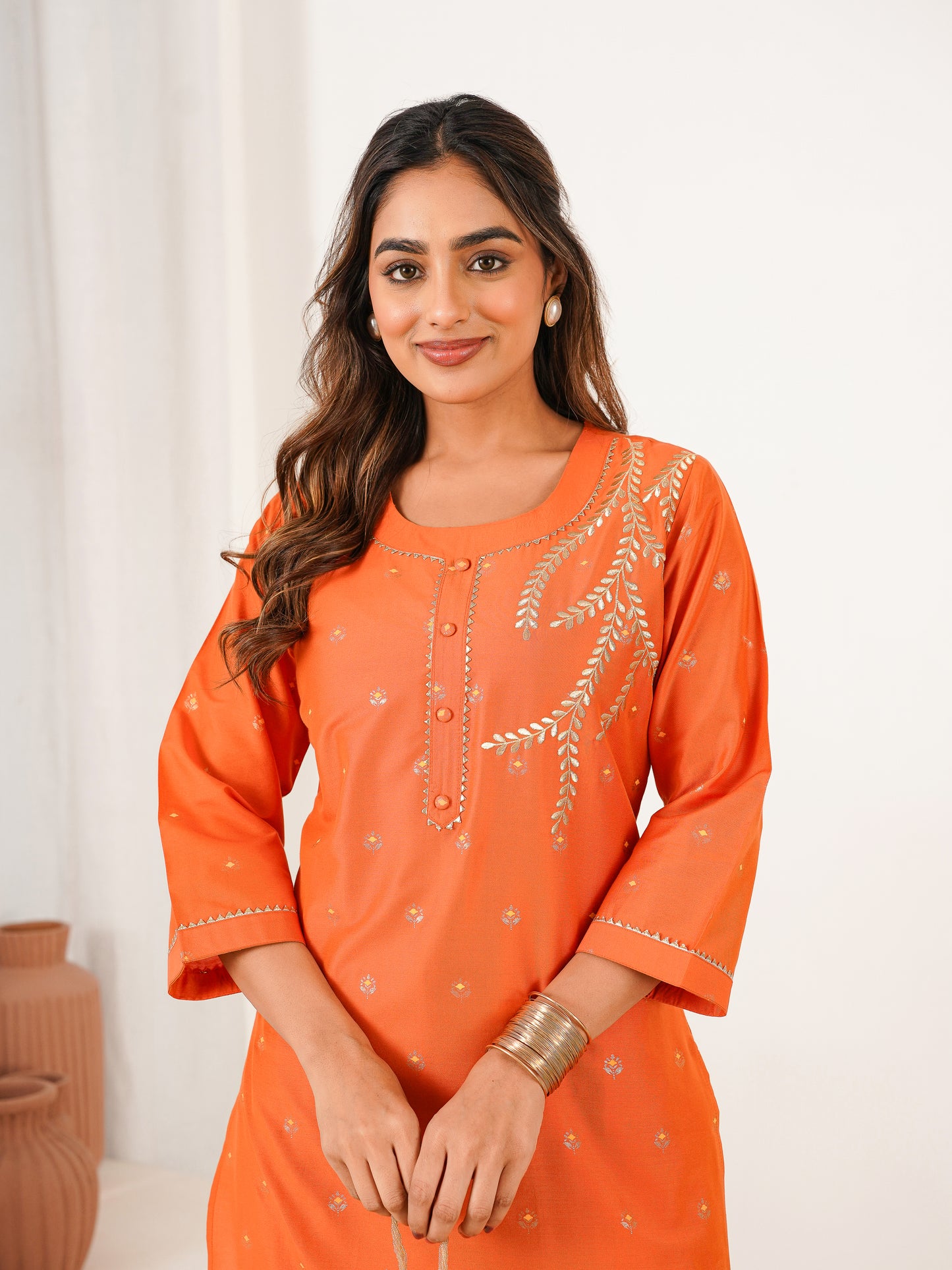 Embroidered Blended Silk Butti Straight Orange Kurta