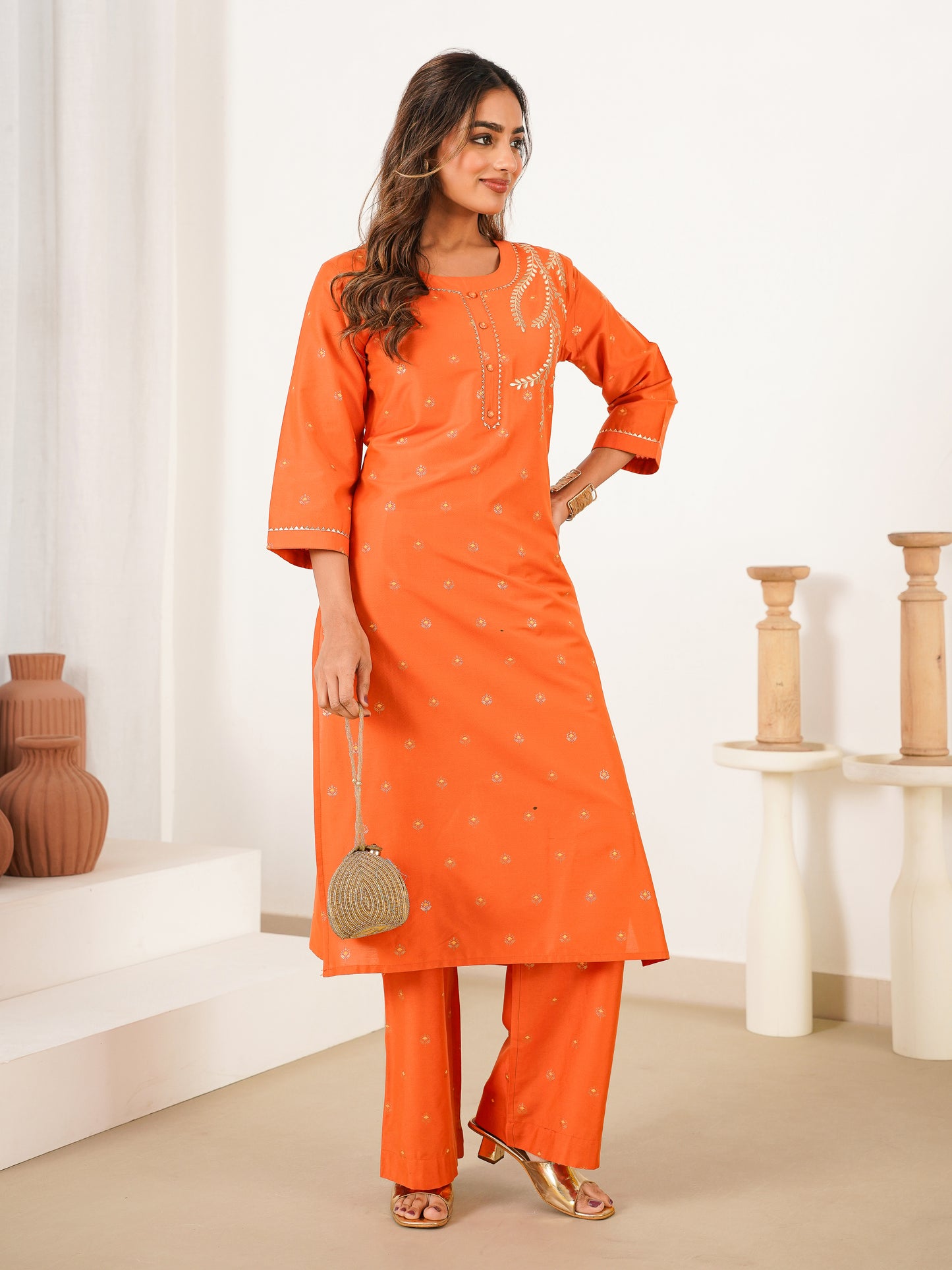 Embroidered Blended Silk Butti Straight Orange Kurta
