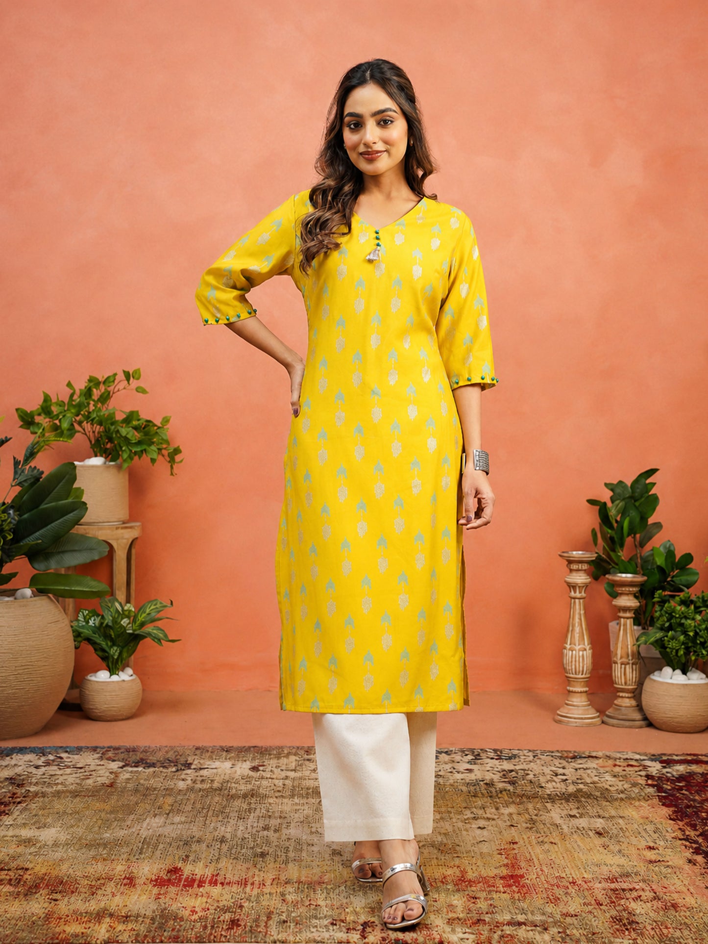 Chanderi Geometric Straight Yellow Kurta