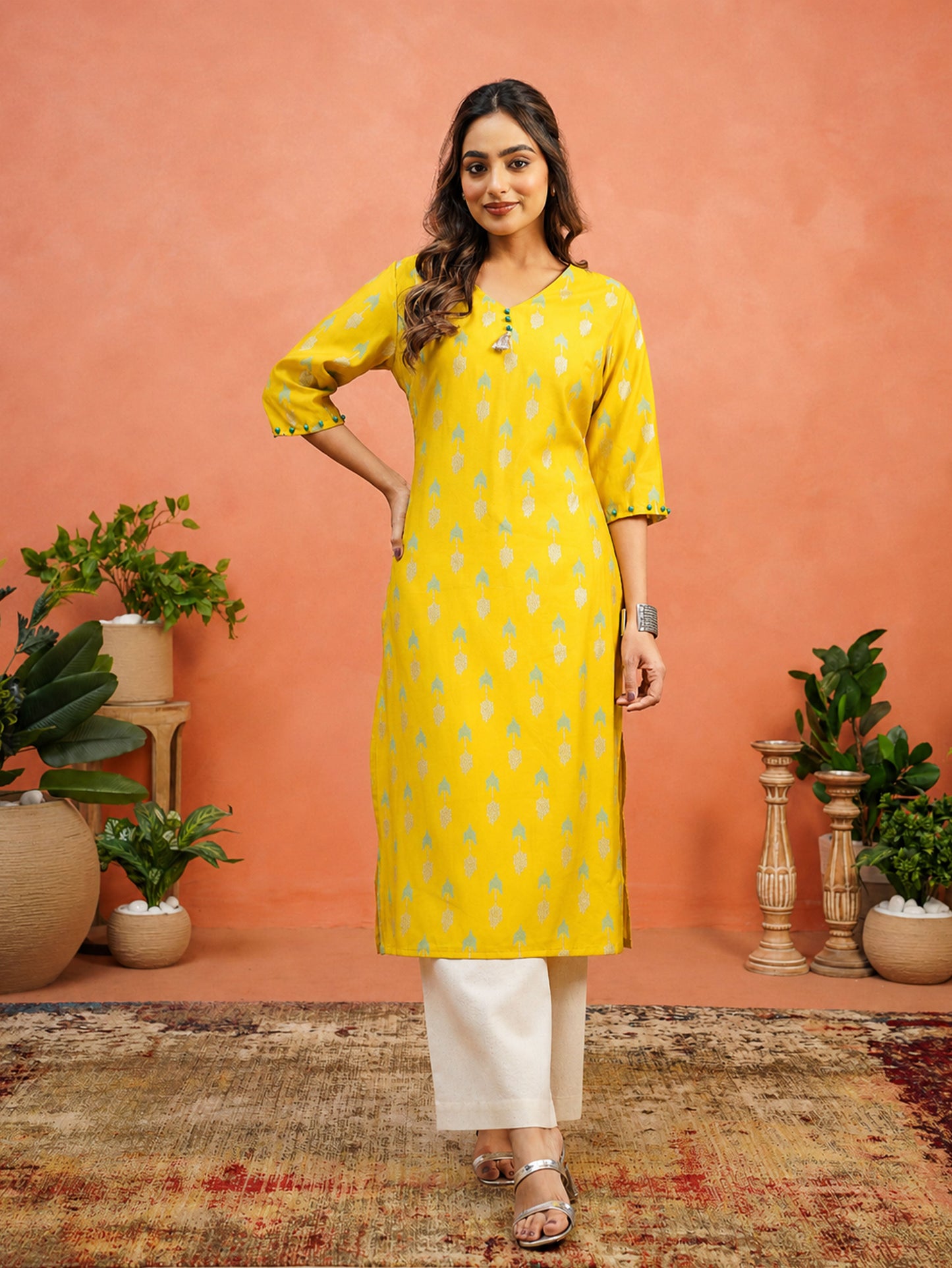 Chanderi Geometric Straight Yellow Kurta