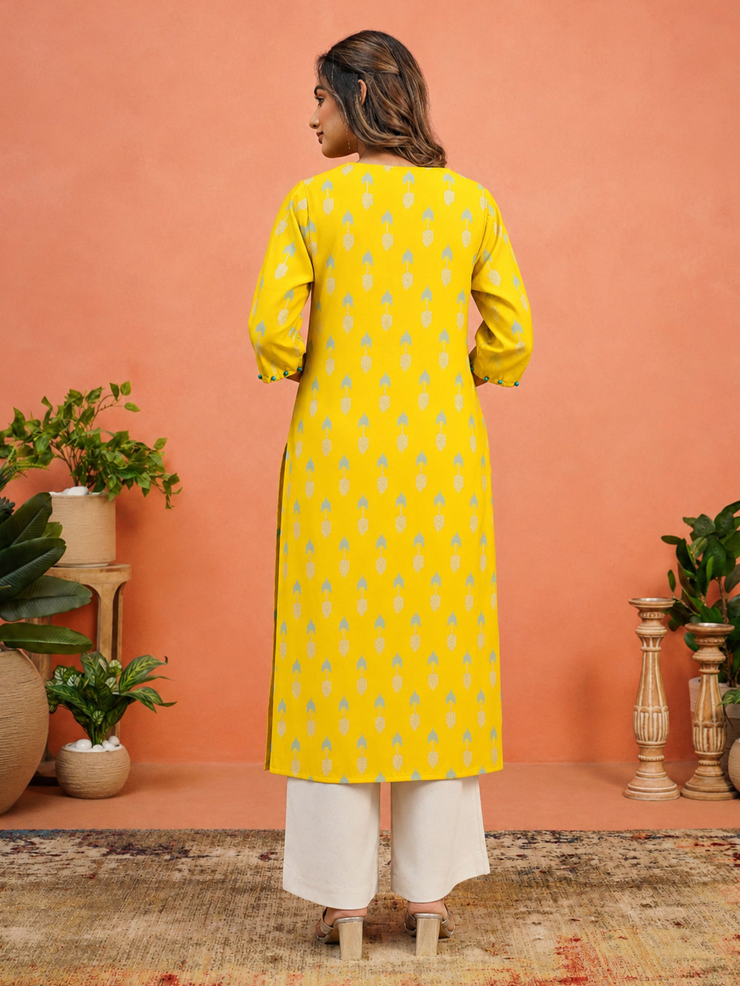 Chanderi Geometric Straight Yellow Kurta