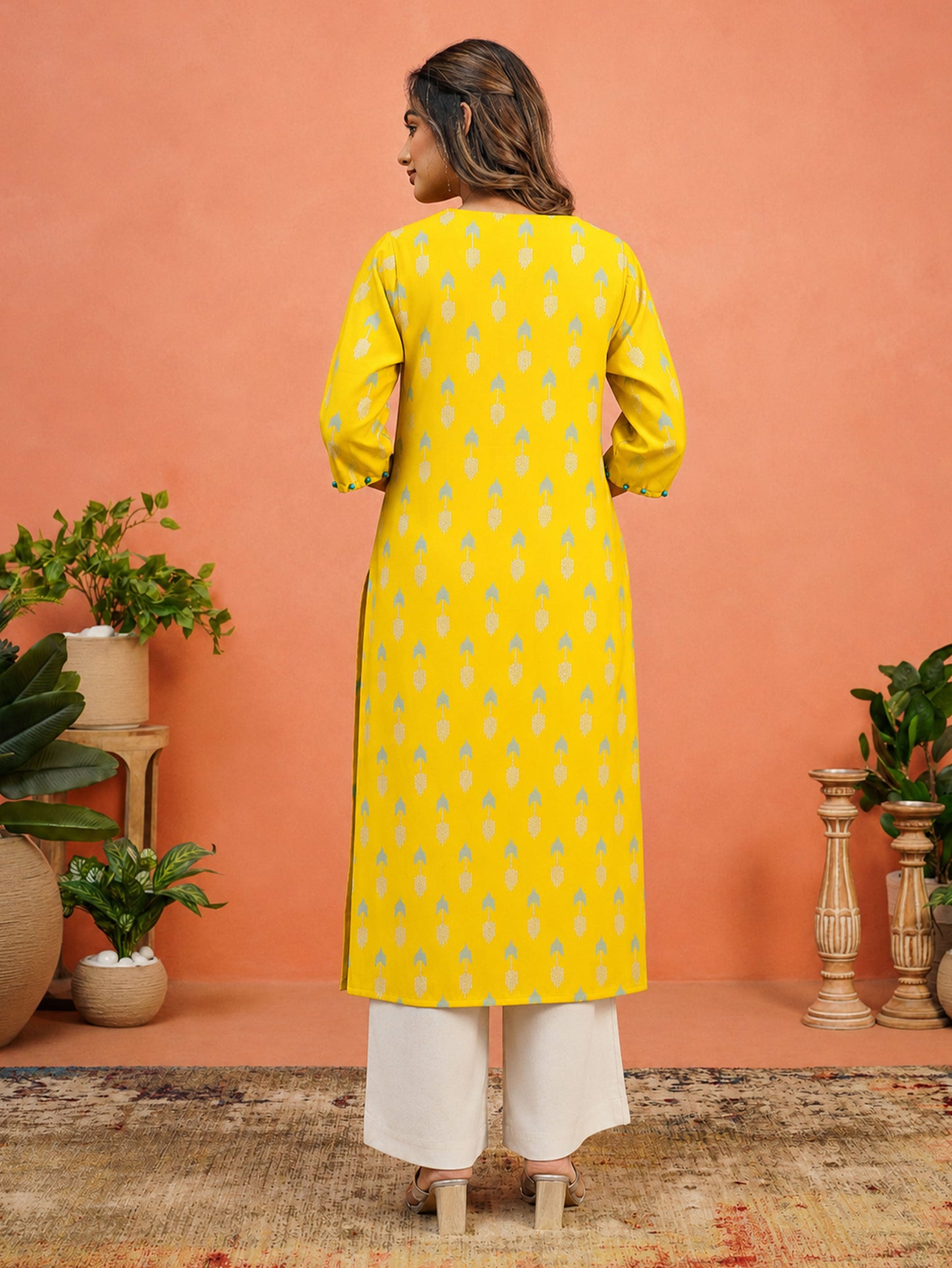 Chanderi Geometric Straight Yellow Kurta