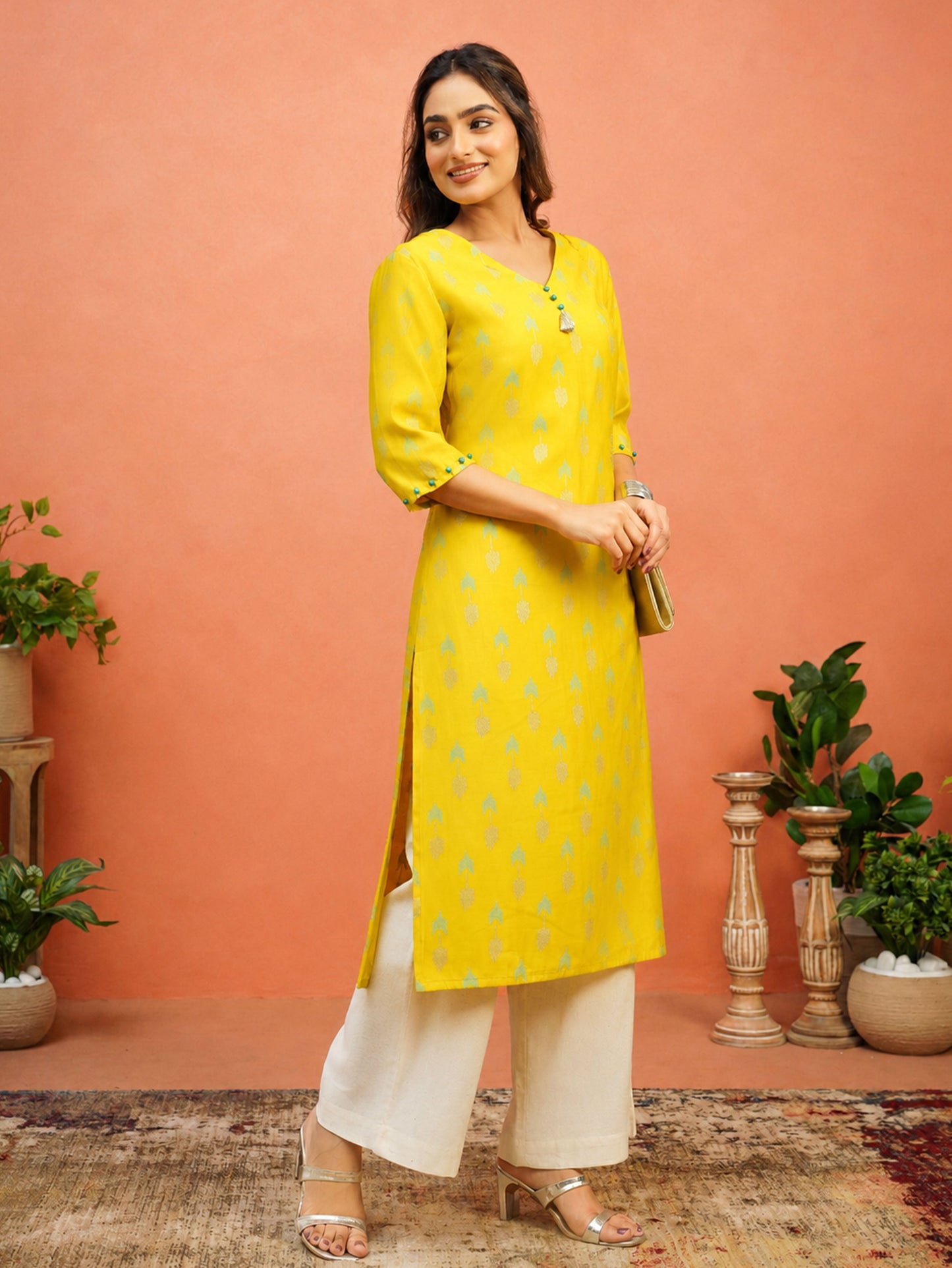 Chanderi Geometric Straight Yellow Kurta