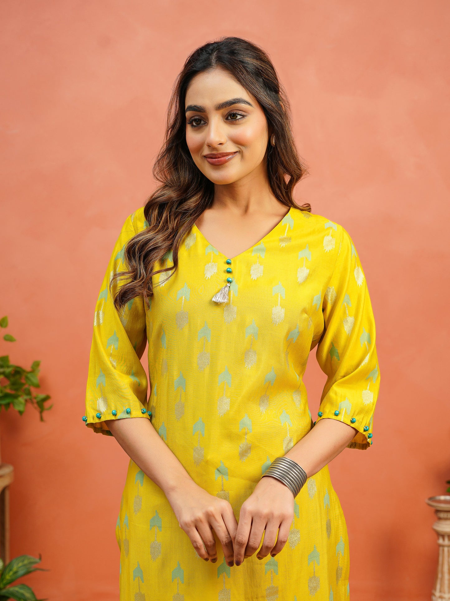 Chanderi Geometric Straight Yellow Kurta