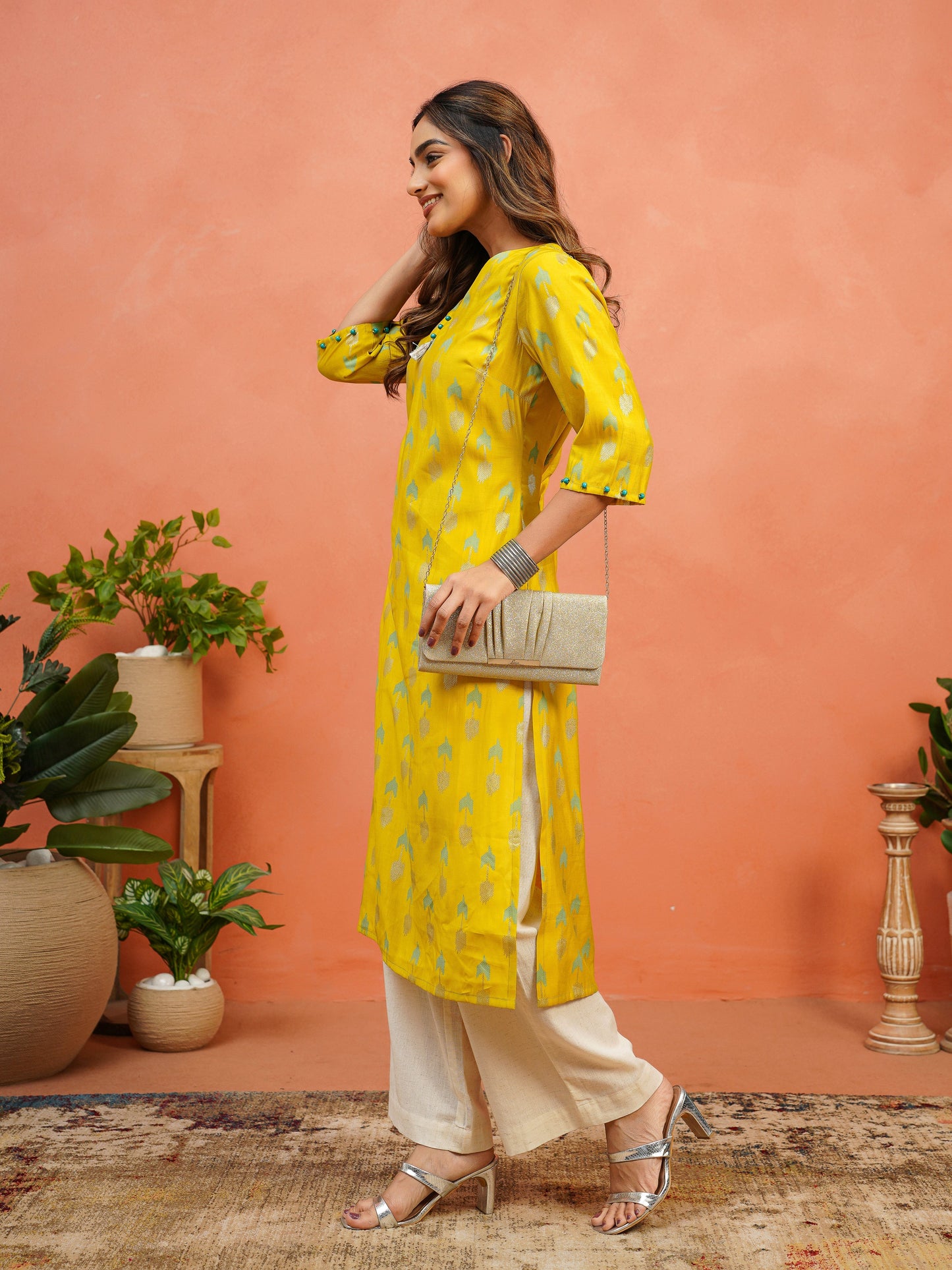Chanderi Geometric Straight Yellow Kurta