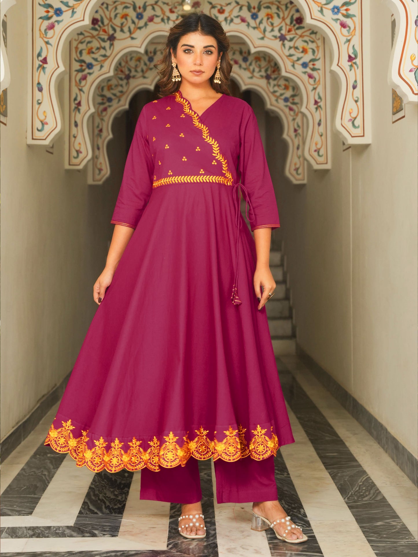 Embroidered Soft Cotton Solid Anarkali Pink Kurta