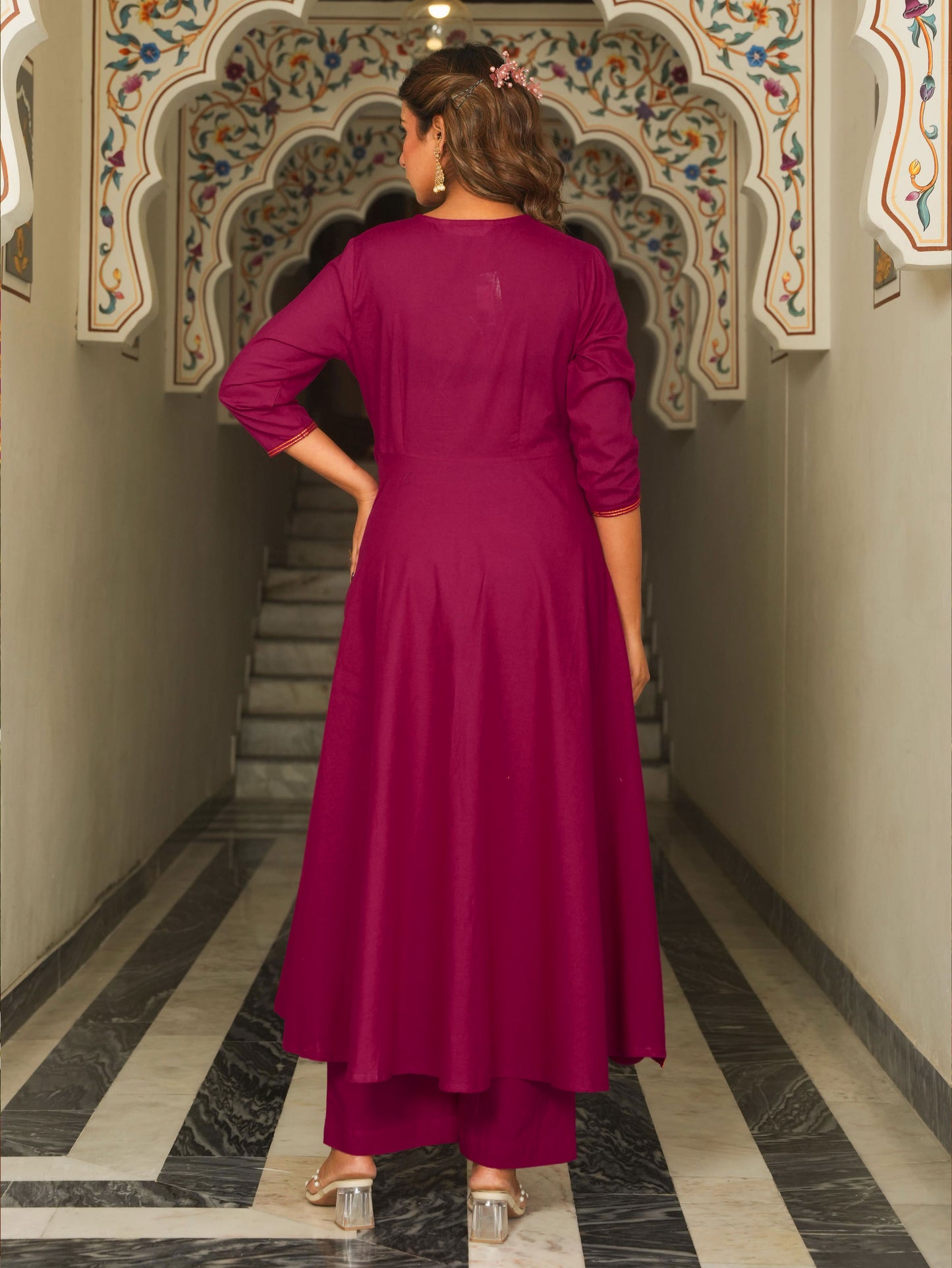 Embroidered Soft Cotton Solid Anarkali Pink Kurta