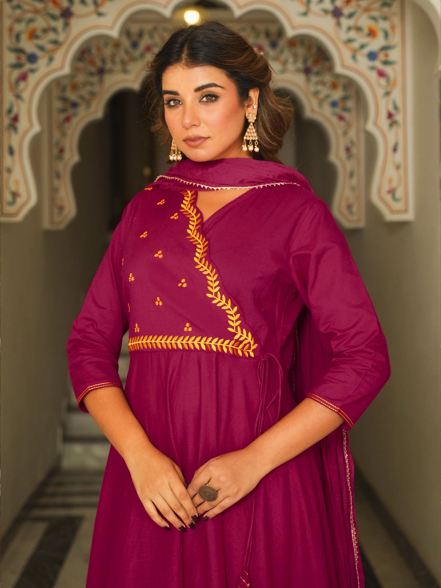 Embroidered Soft Cotton Solid Anarkali Pink Kurta