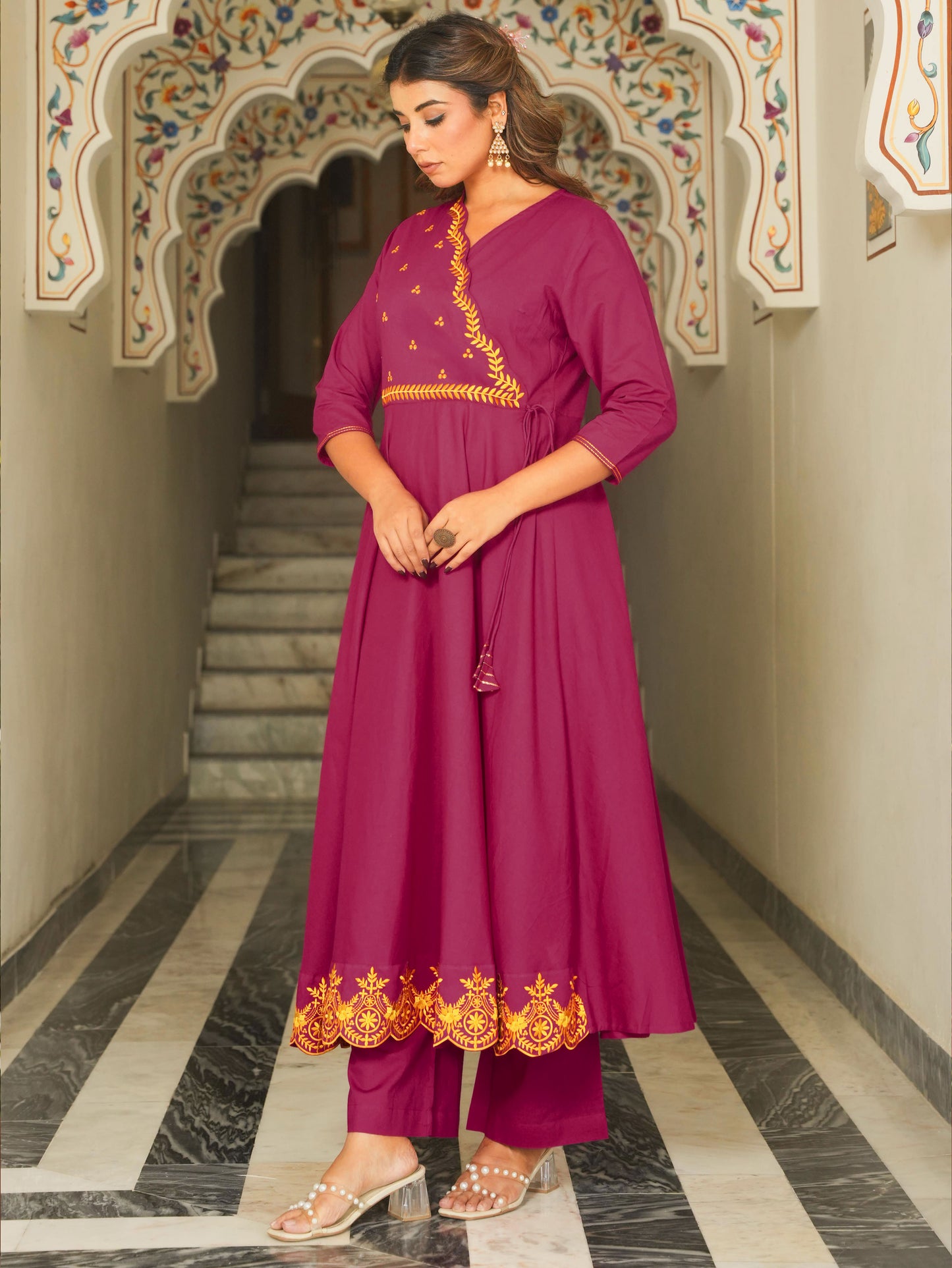 Embroidered Soft Cotton Solid Anarkali Pink Kurta