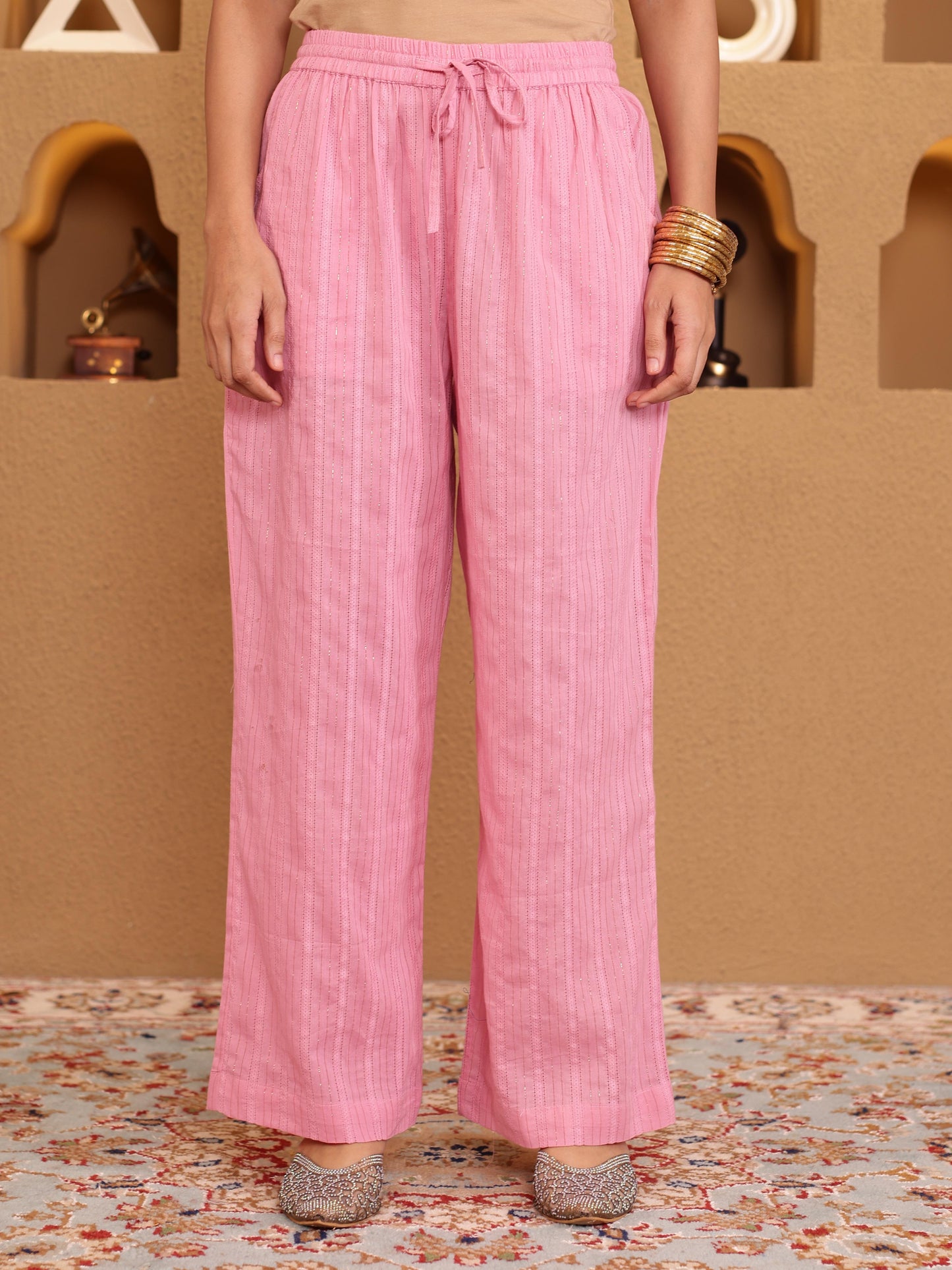 Lurex Cotton Solid Baby Pink Palazzo
