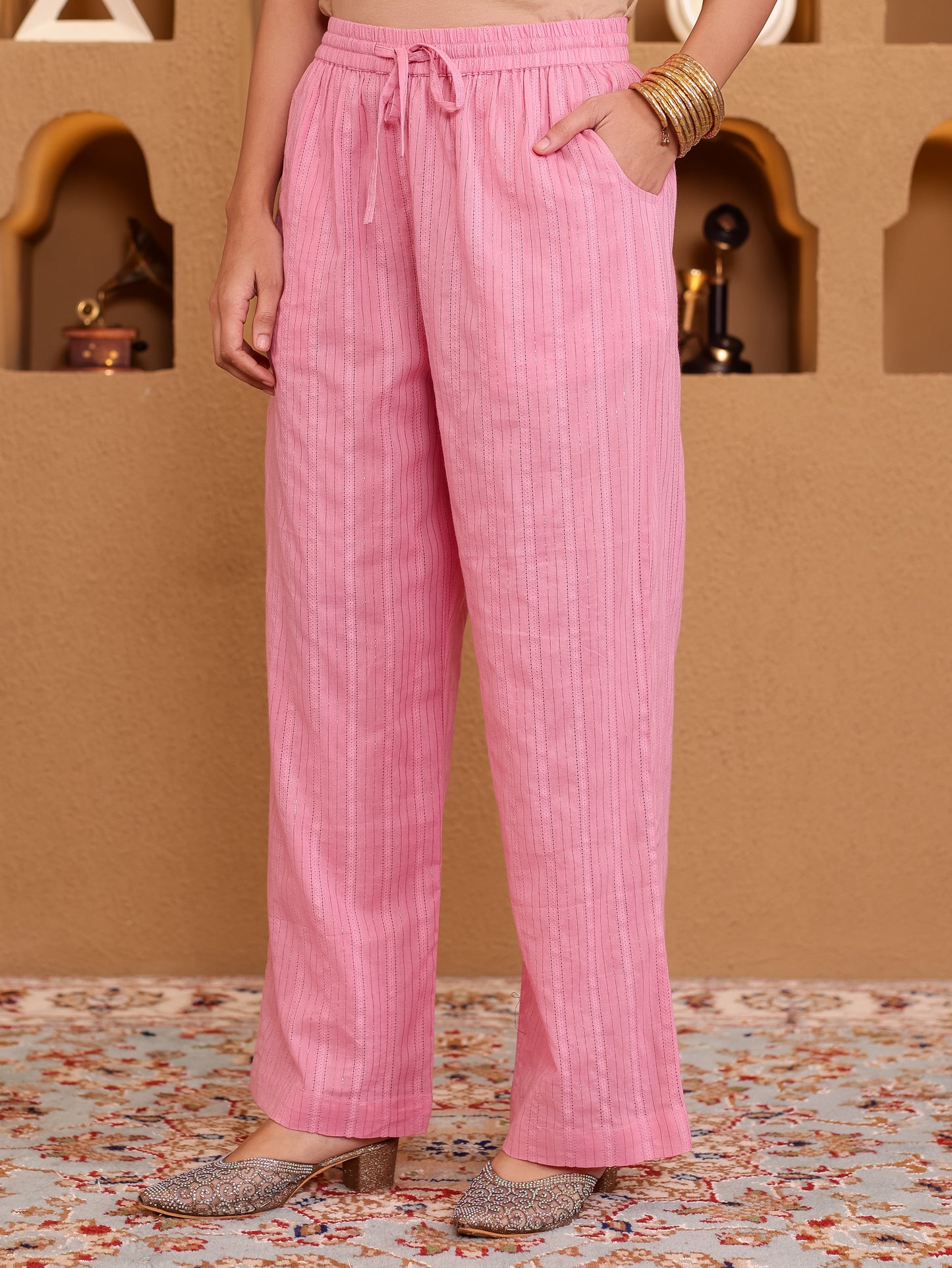 Embroidered Lurex Cotton Solid Straight Baby Pink Kurta