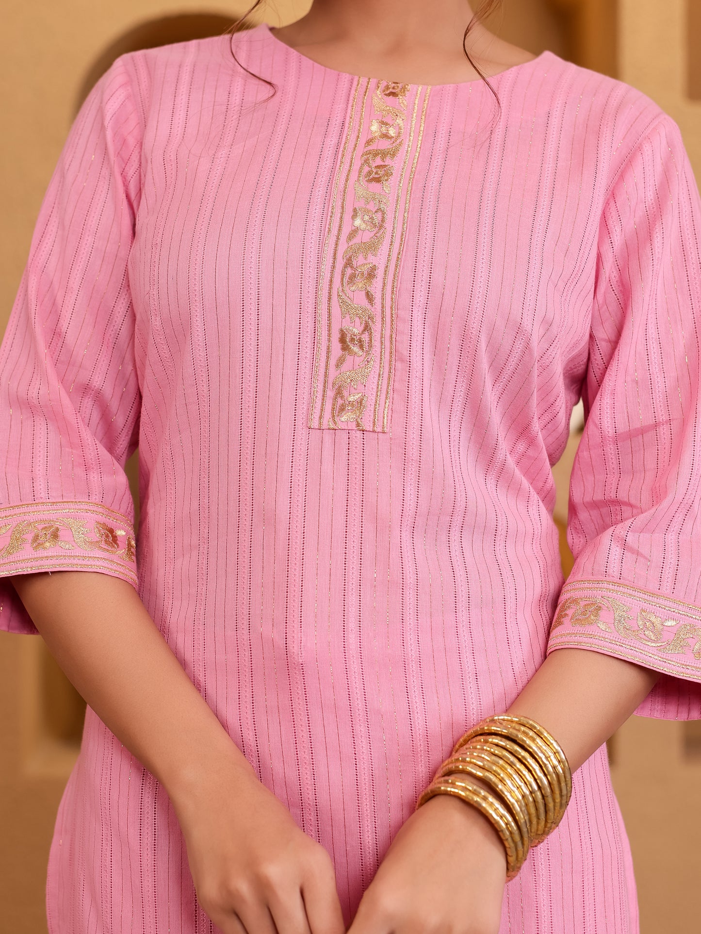 Embroidered Lurex Cotton Solid Straight Baby Pink Kurta