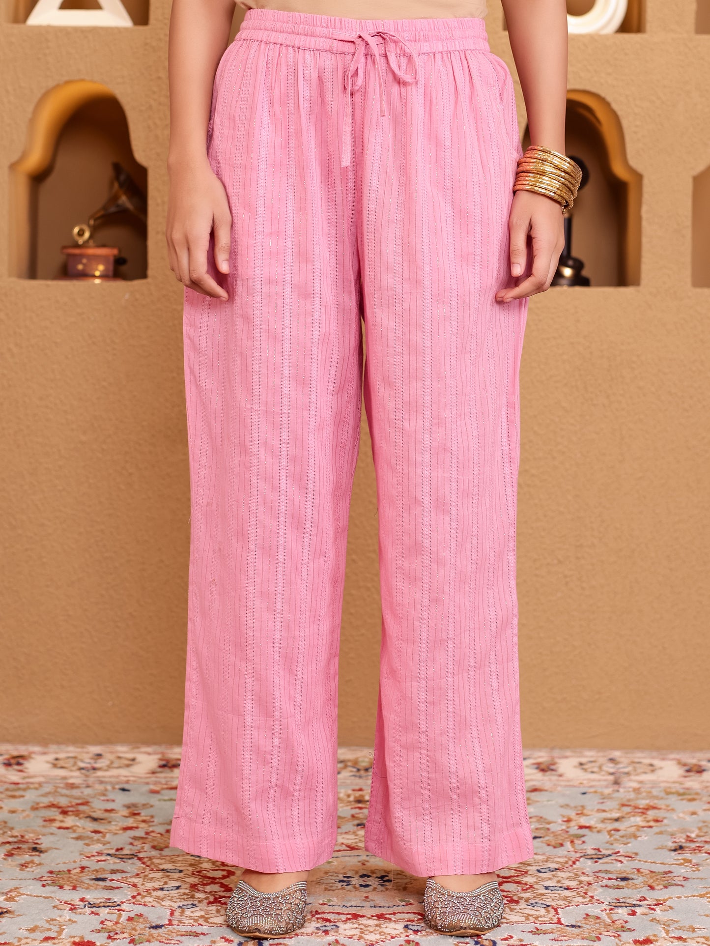 Embroidered Lurex Cotton Solid Straight Baby Pink Kurta
