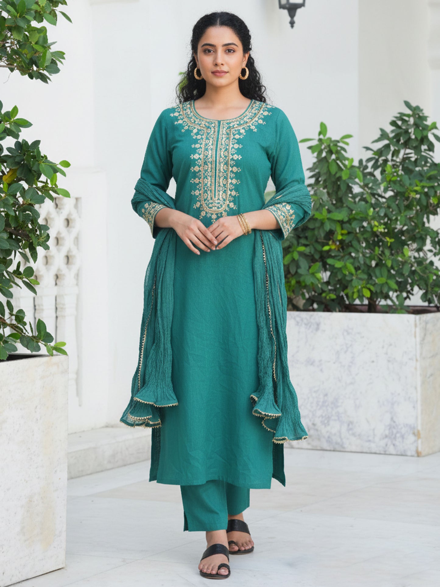 Embroidered Cotton Slub Solid Straight Blue Kurta