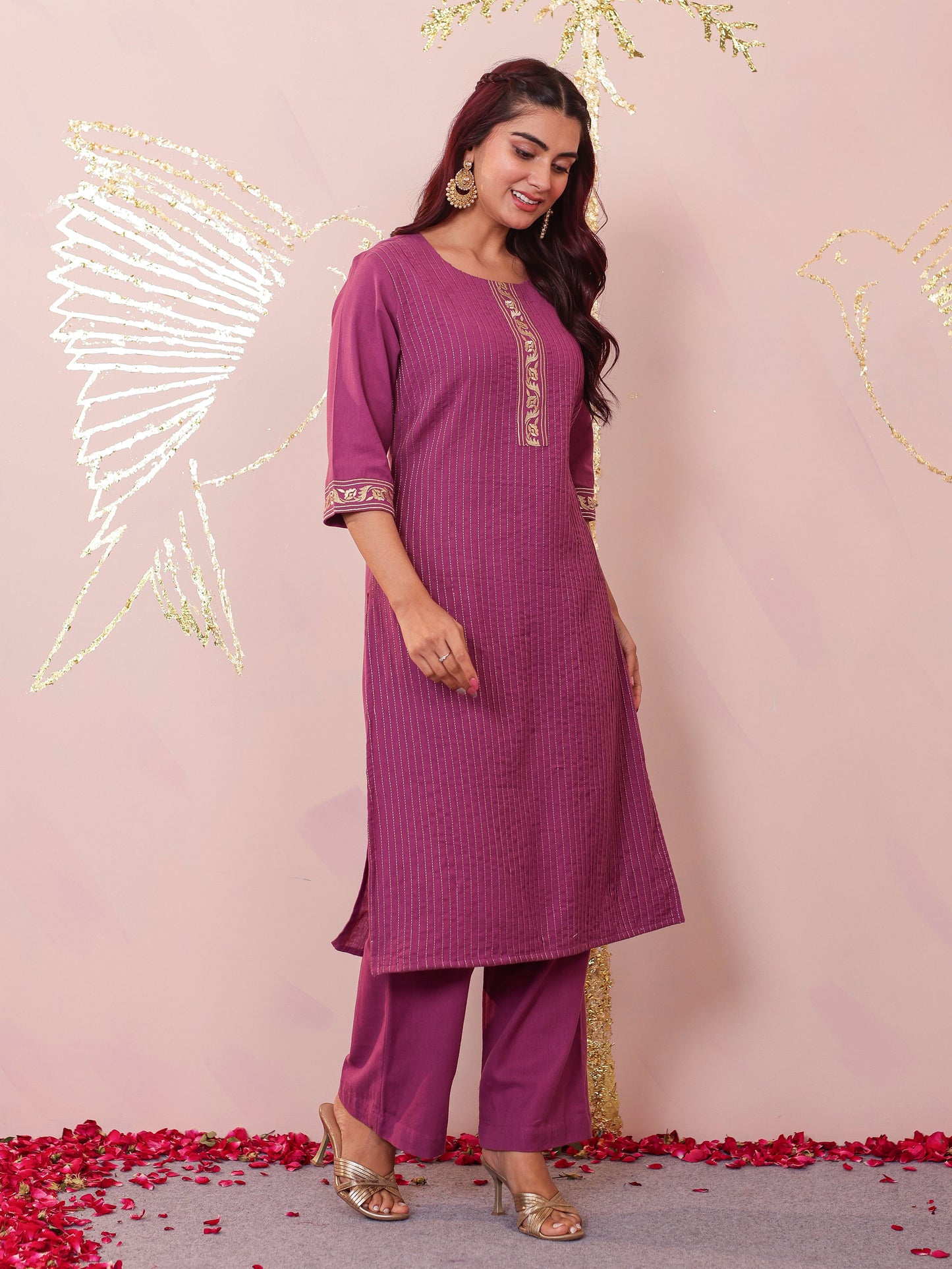 Embroidered Soft Cotton Solid Straight Purple Kurta