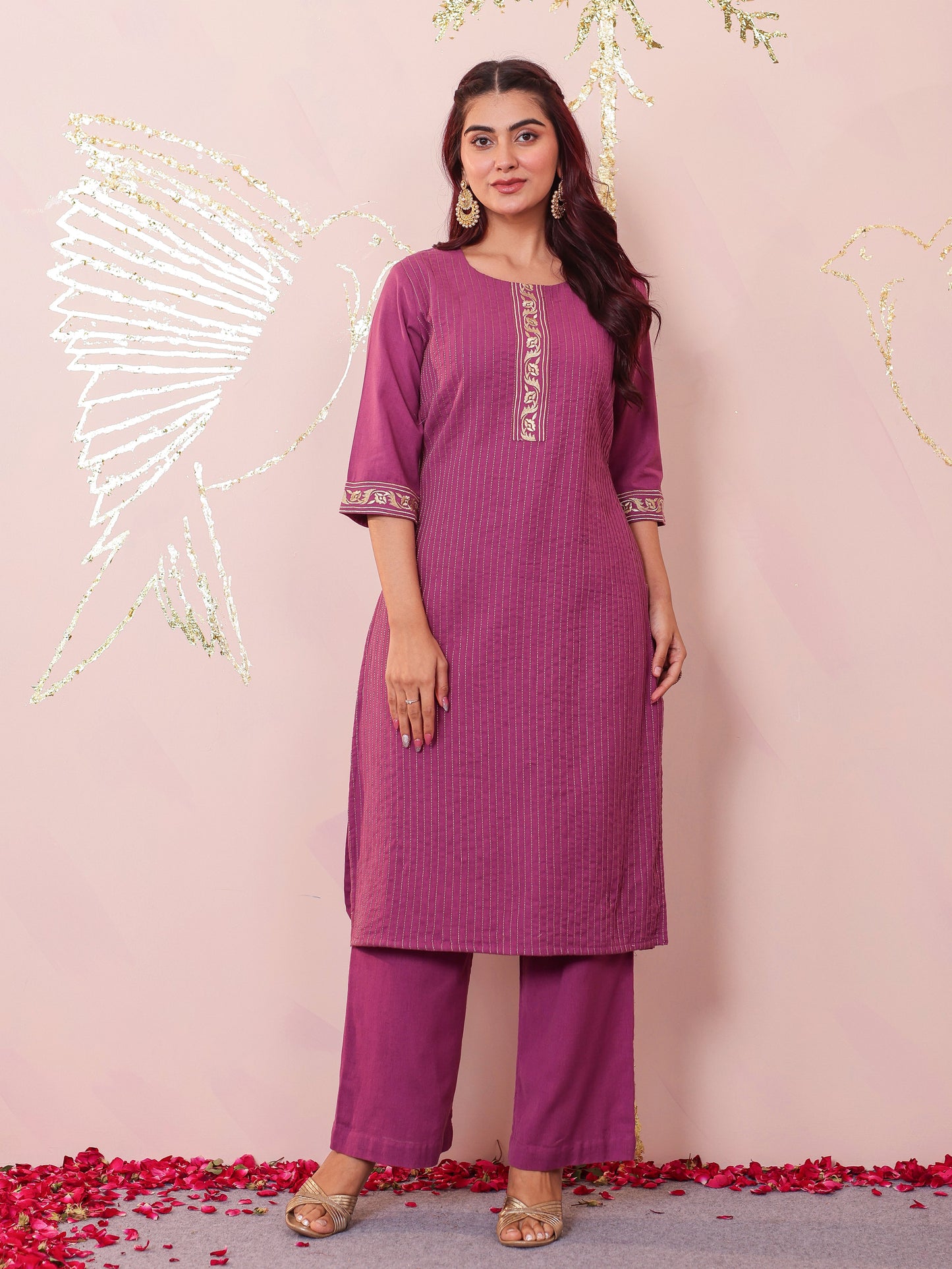 Embroidered Soft Cotton Solid Straight Purple Kurta