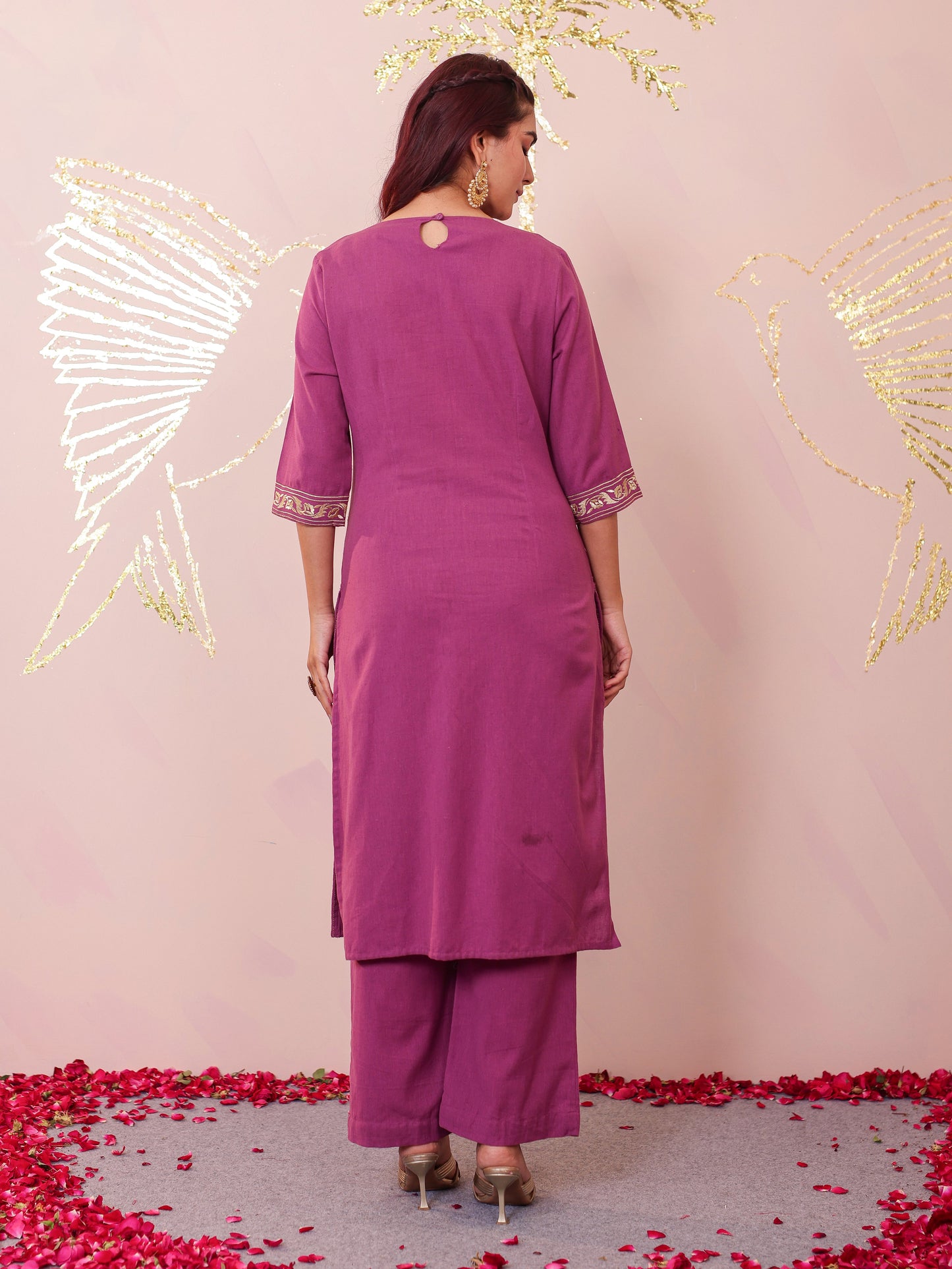 Embroidered Soft Cotton Solid Straight Purple Kurta