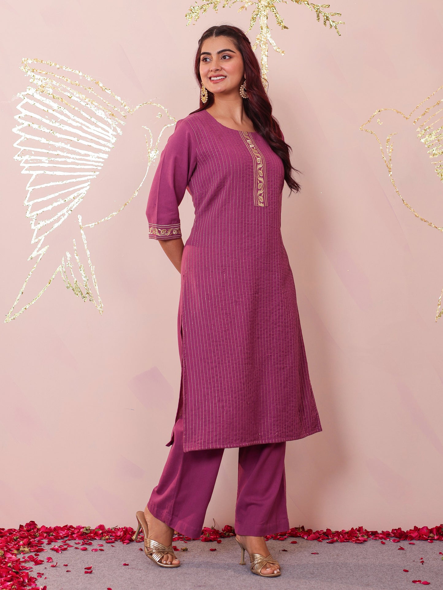 Embroidered Soft Cotton Solid Straight Purple Kurta