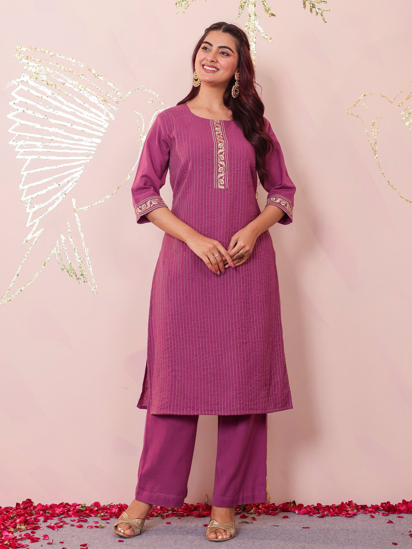 Embroidered Soft Cotton Solid Straight Purple Kurta