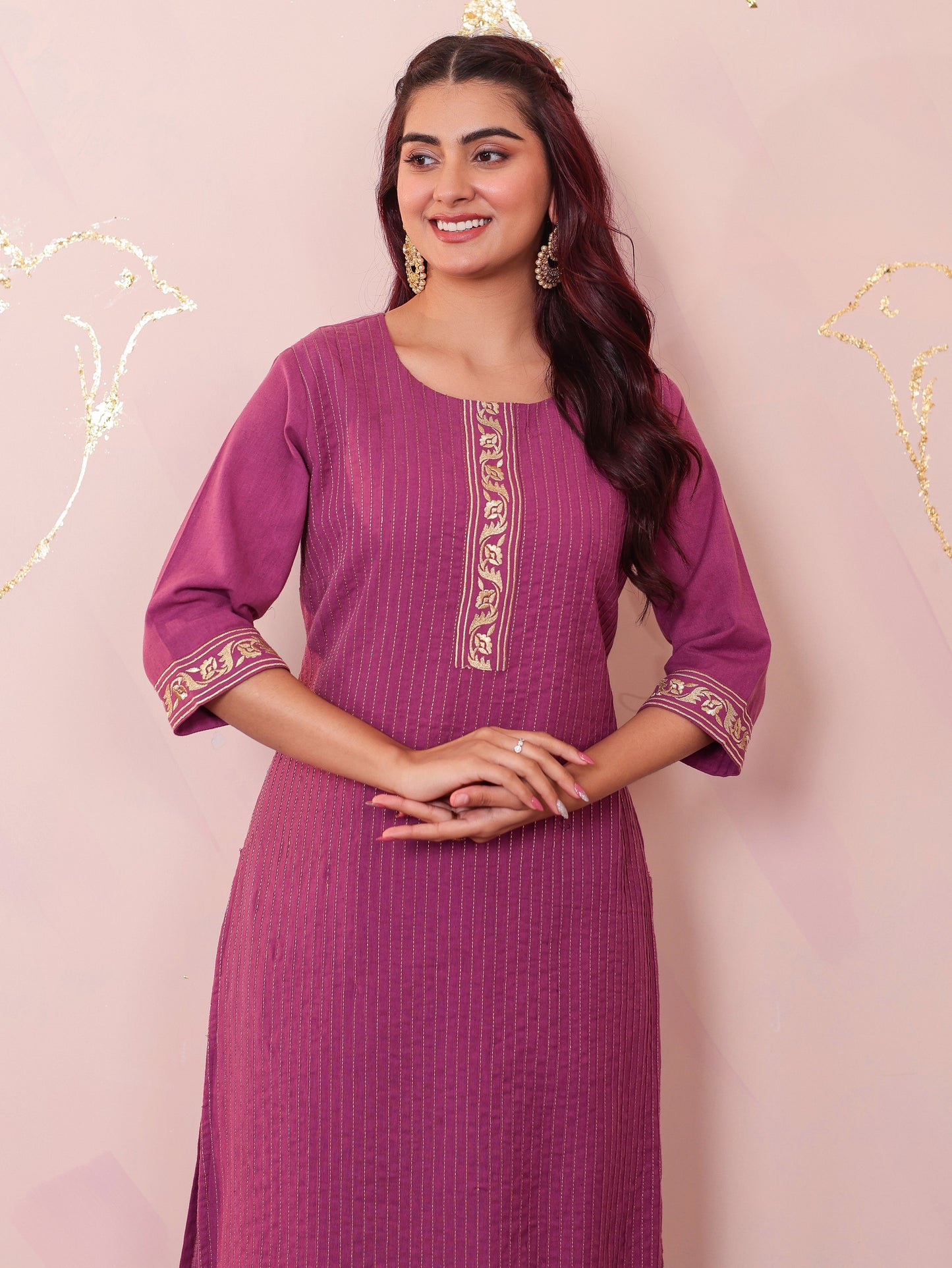 Embroidered Soft Cotton Solid Straight Purple Kurta