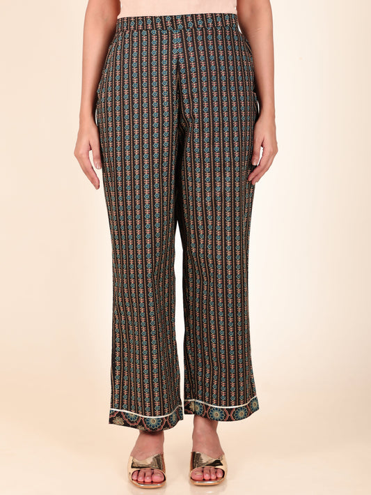Soft Cotton Geometric Black Straight Trousers