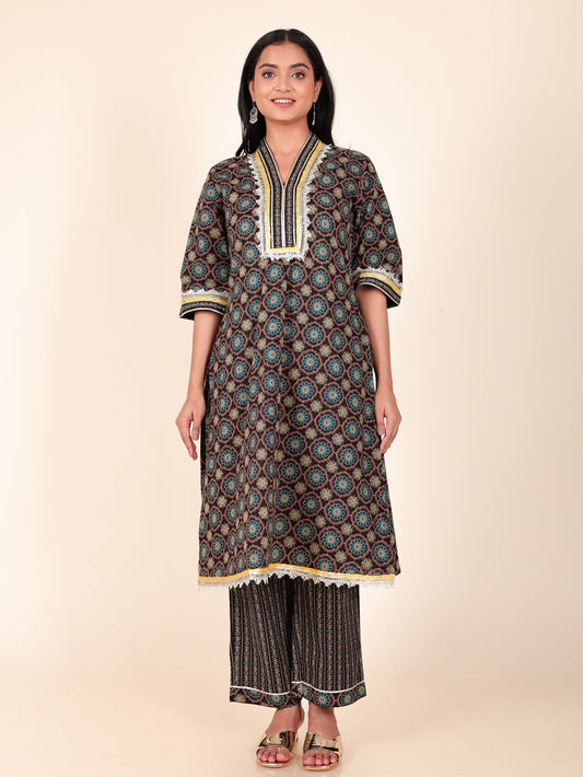 Soft Cotton Geometric Straight Black Kurta