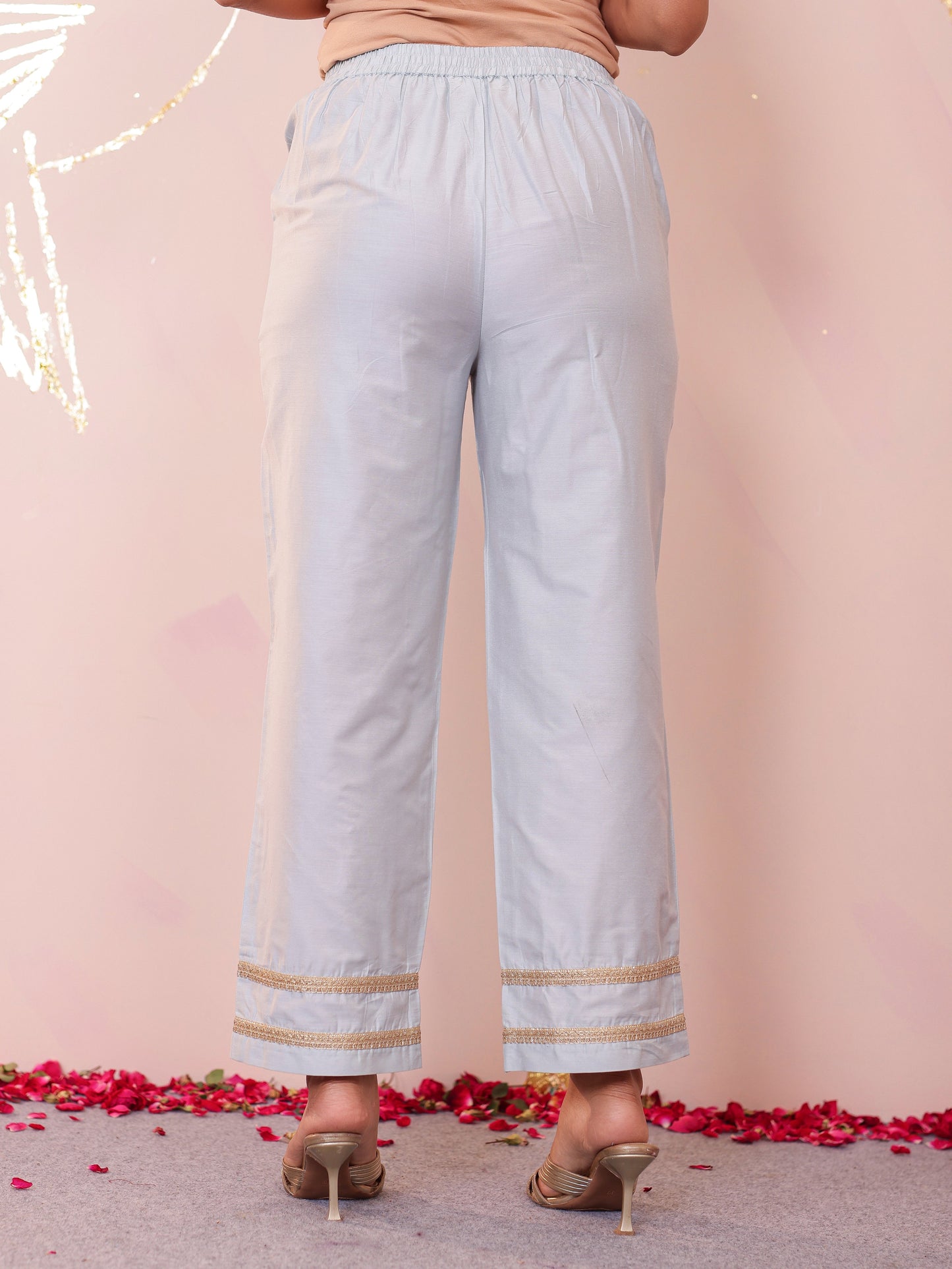 Blended Silk Solid Sky Blue Straight Trousers